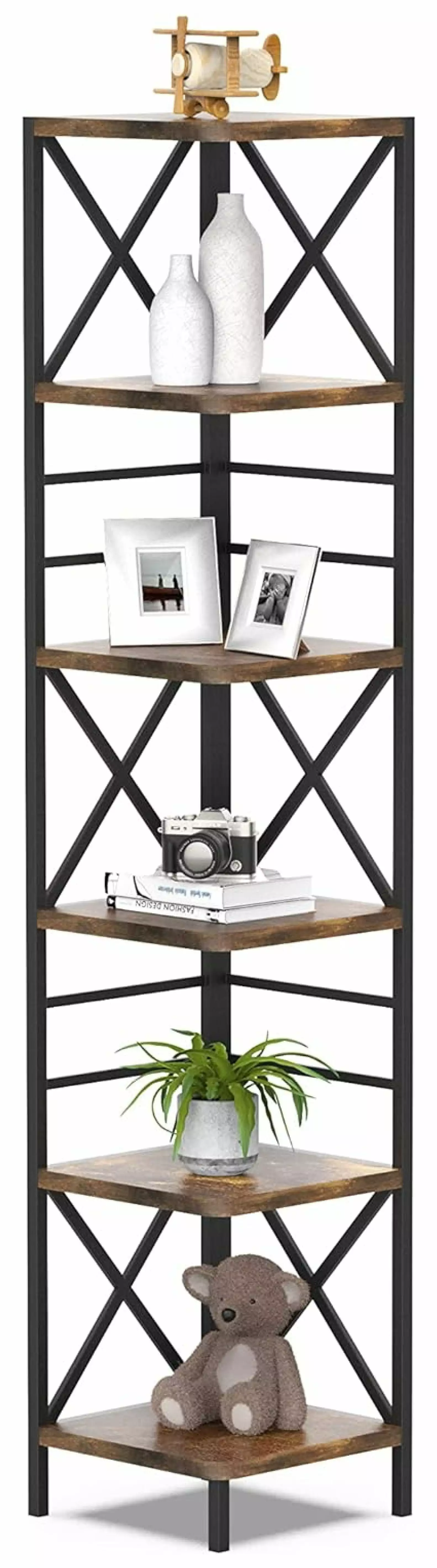 Corner Bookshelf 6 Shelf Bookcase Farmhouse Book Shelves Century Vintage L Shaped Bookshelf Rustic Brown Jiowenm