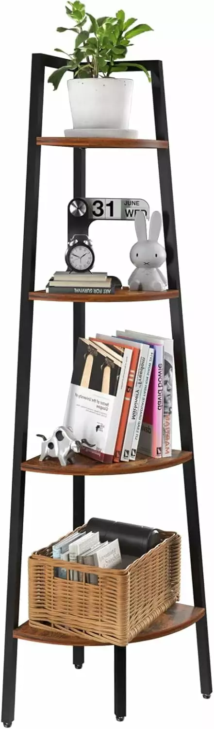 4-Tier Corner Bookshelf Metal Frame Ladder Display Shelf Bedroom and Living Room Tall Wood Bookcase Plant Stand kk