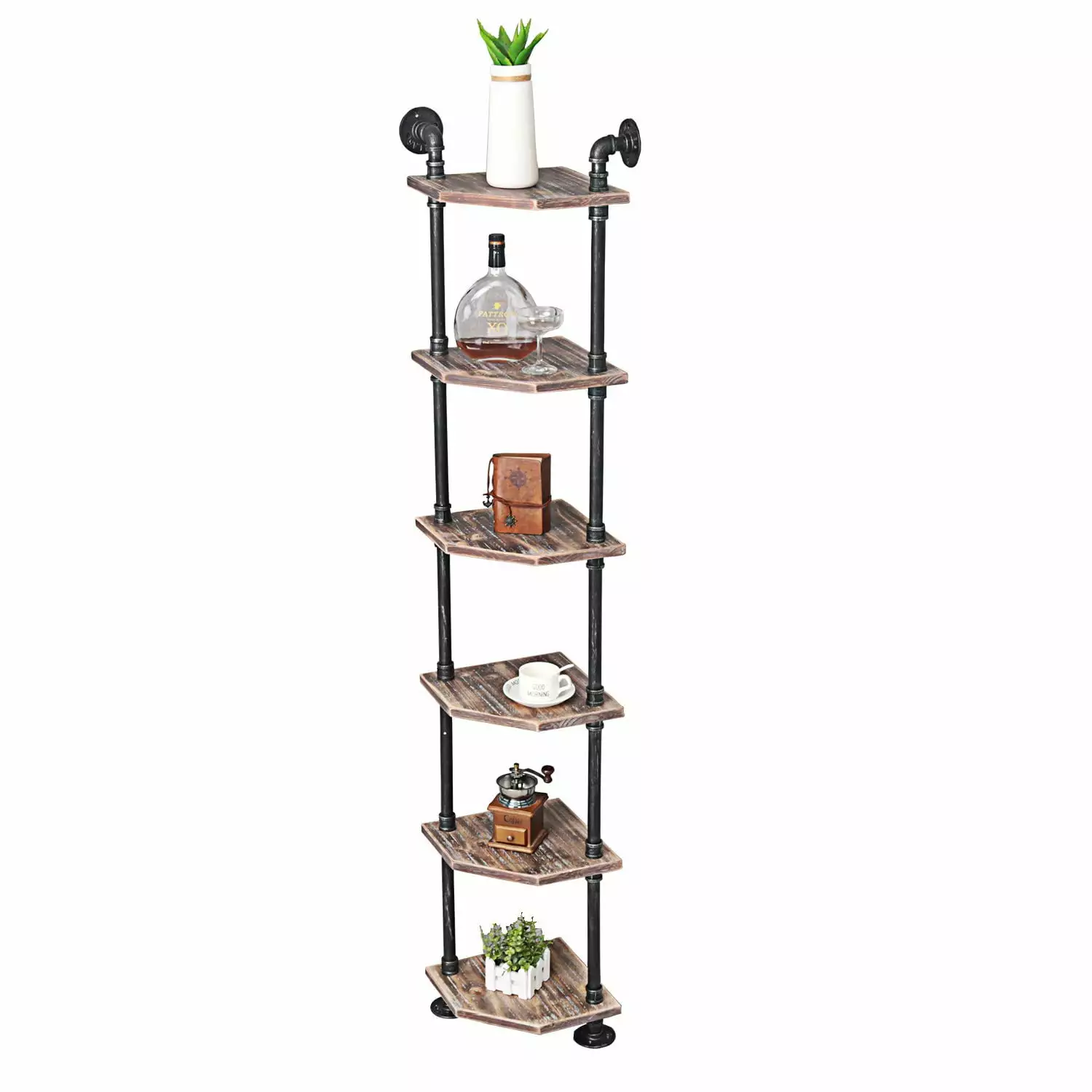 MBQQ Industrial Pipe Shelves Modern Rustic Corner Book Shelves Real Wood 6-Tier Bookshelf