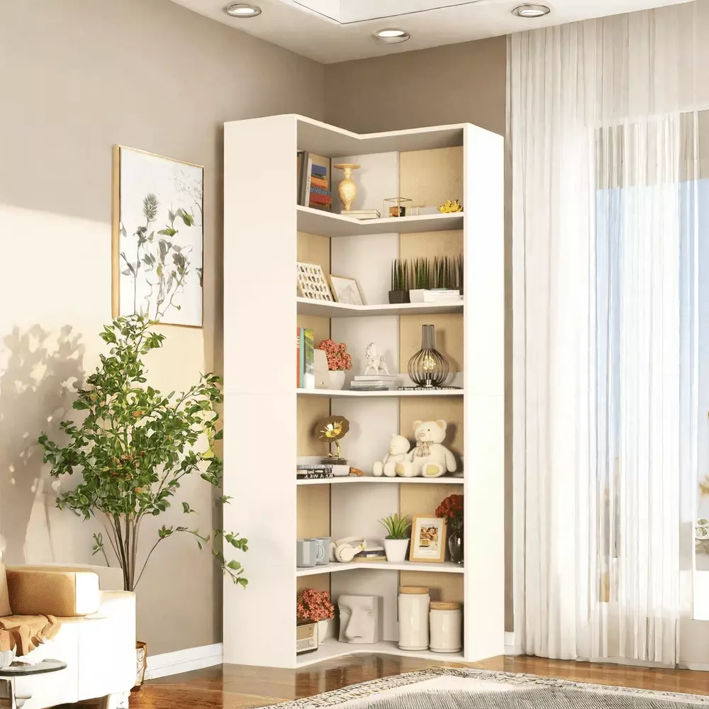 MIDODO 70.8 Tall Bookcase 6-Tier L-Shaped Bookshelf Modern Corner Bookcase