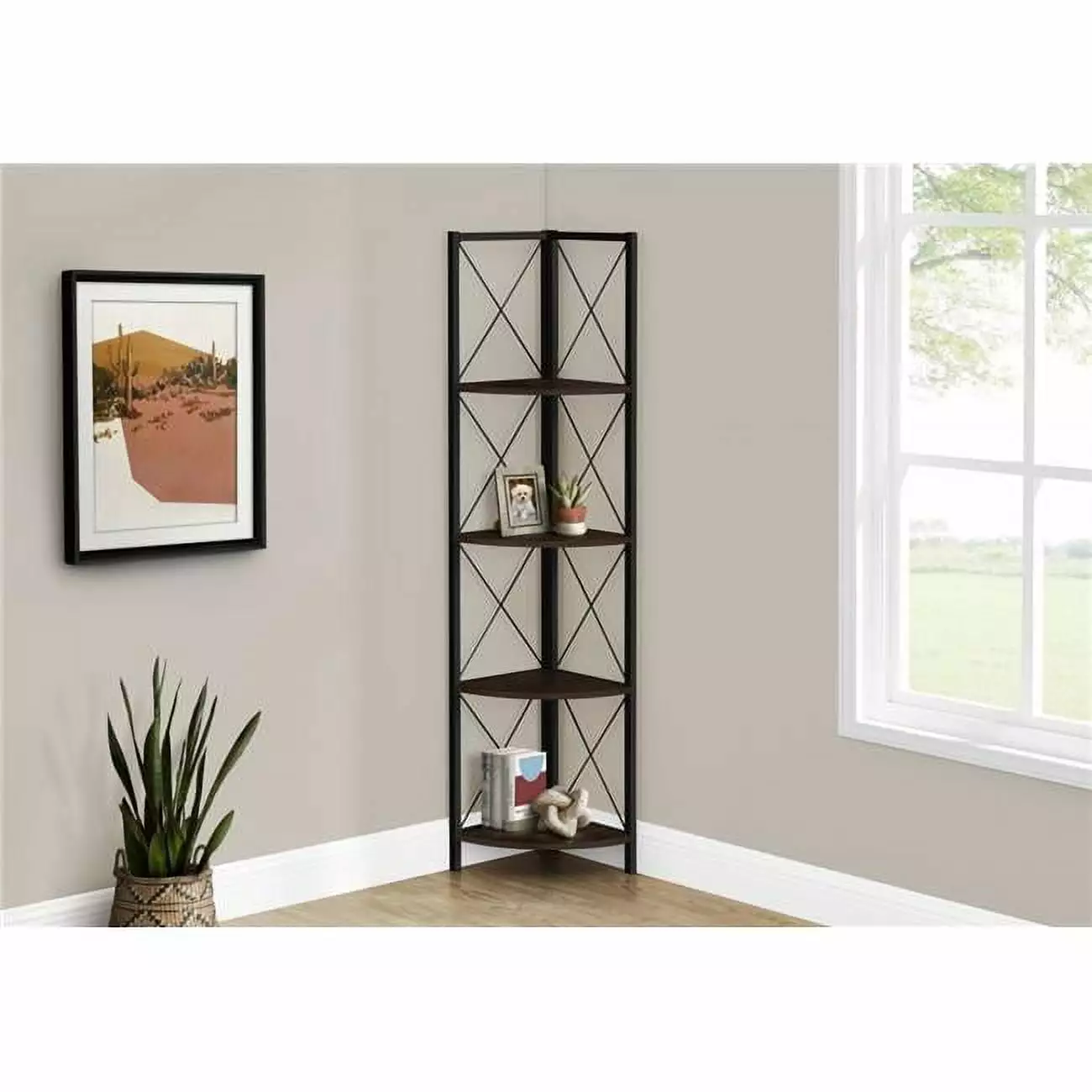Monarch Specialties I 3645 60 Bookcase Metal Corner Etagere Espresso Black Living Room Office
