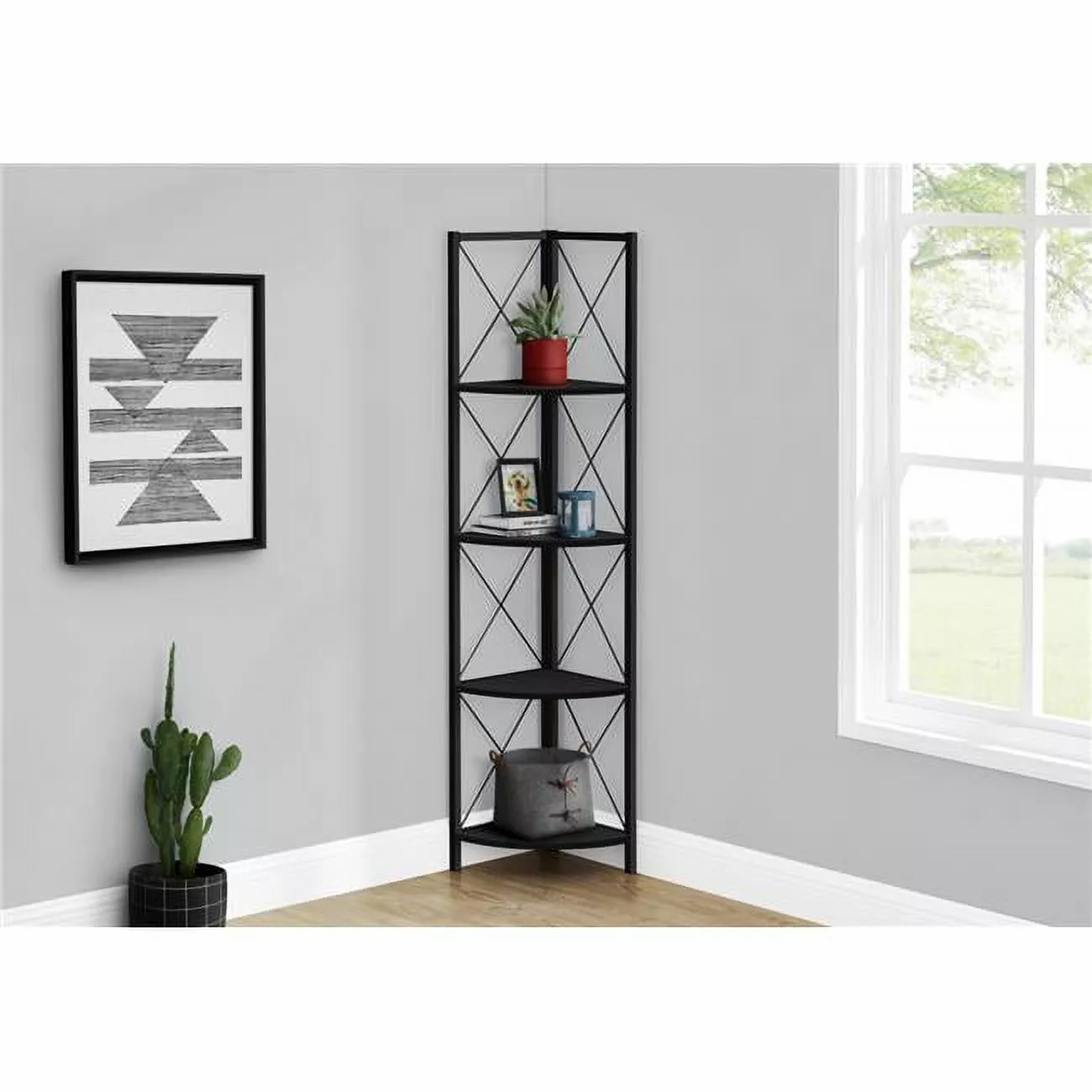 Monarch Specialties I 3649 60 Bookcase Metal Corner Etagere Black Black Home Office Living Room