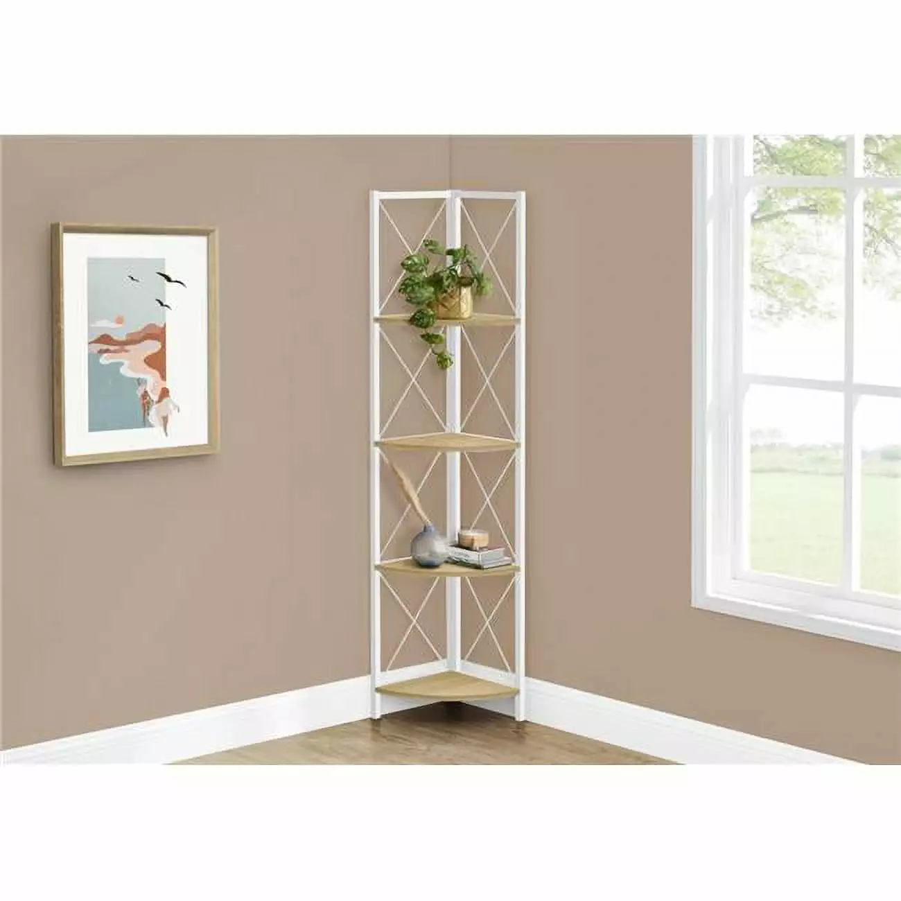 Monarch Specialties I 3652 60 Bookcase Metal Corner Etagere Natural White Living Room Bedroom