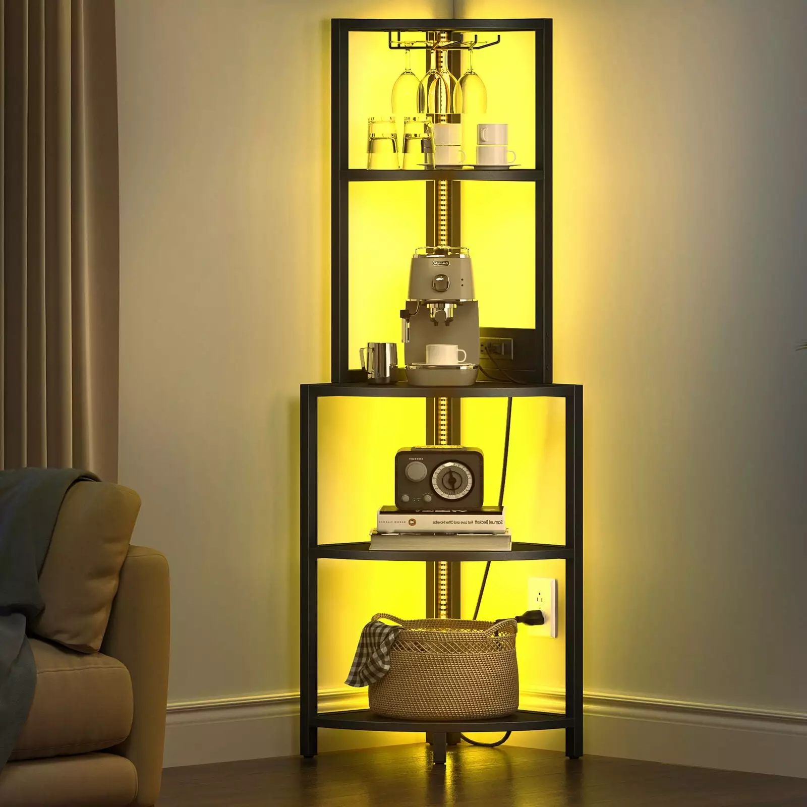 Corner Shelf Power Outlets LED Lights Bookshelf Bookcase Display Shelves NOBRAND