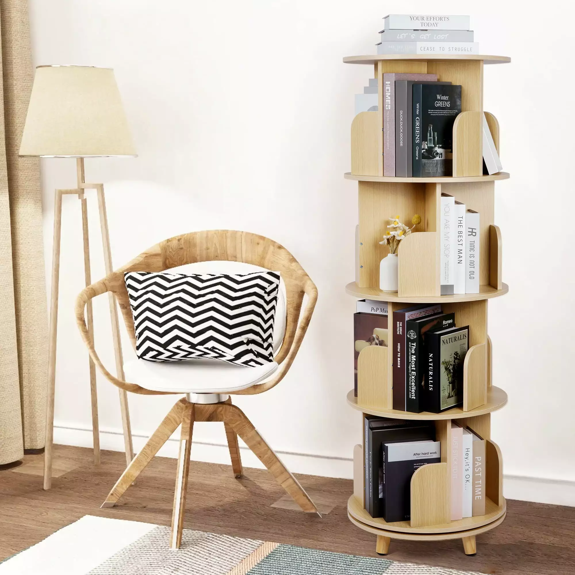 Petoto Rotating Bookshelf 360 Wood Corner Bookshelf Supporting Feet Natural