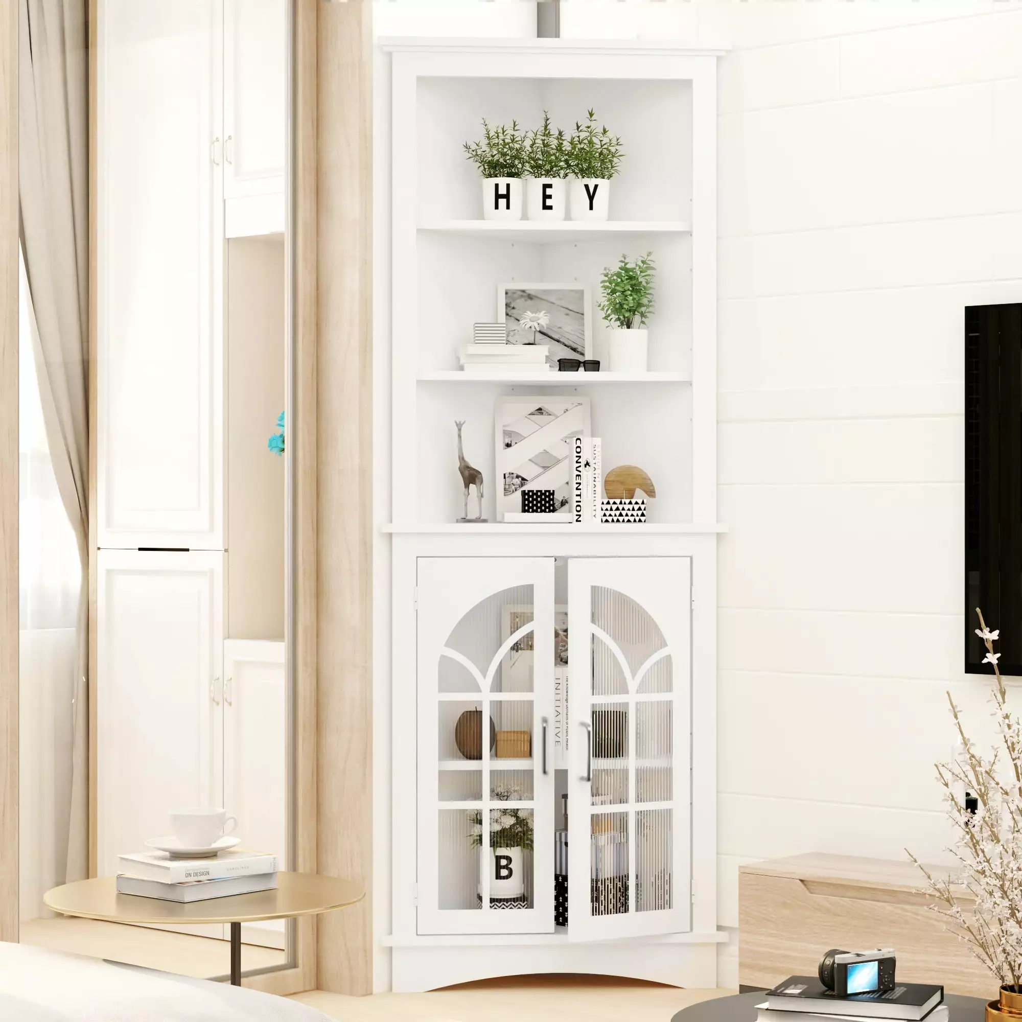 White Corner Bookshelf Metal Handle Modern 5 Tier Bookcase Doors Living Room Office Dining Room PORKISS