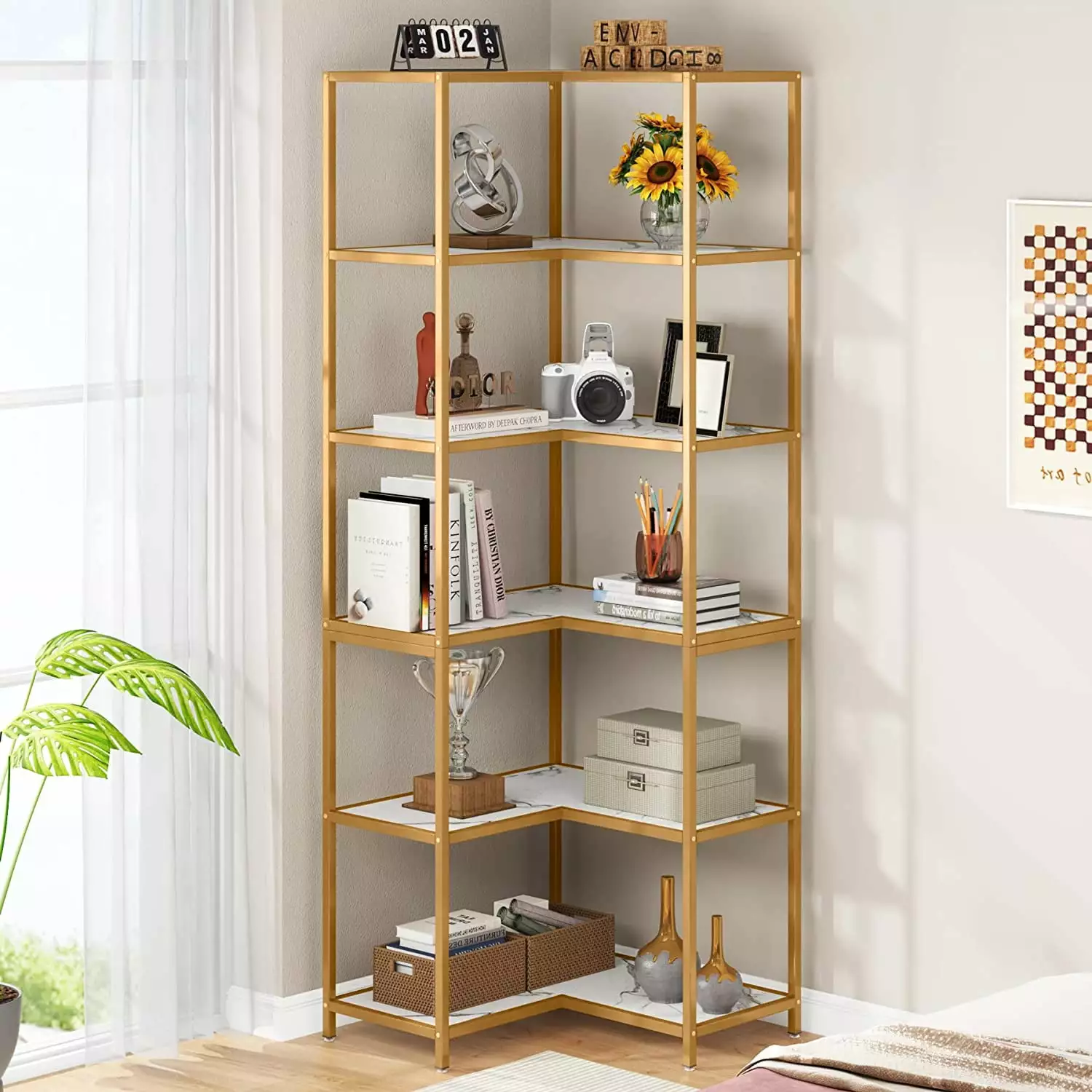 Tribesigns 6-Shelf L-Shaped Corner Bookshelf 70.9 Gold Frame White Faux Marble Top
