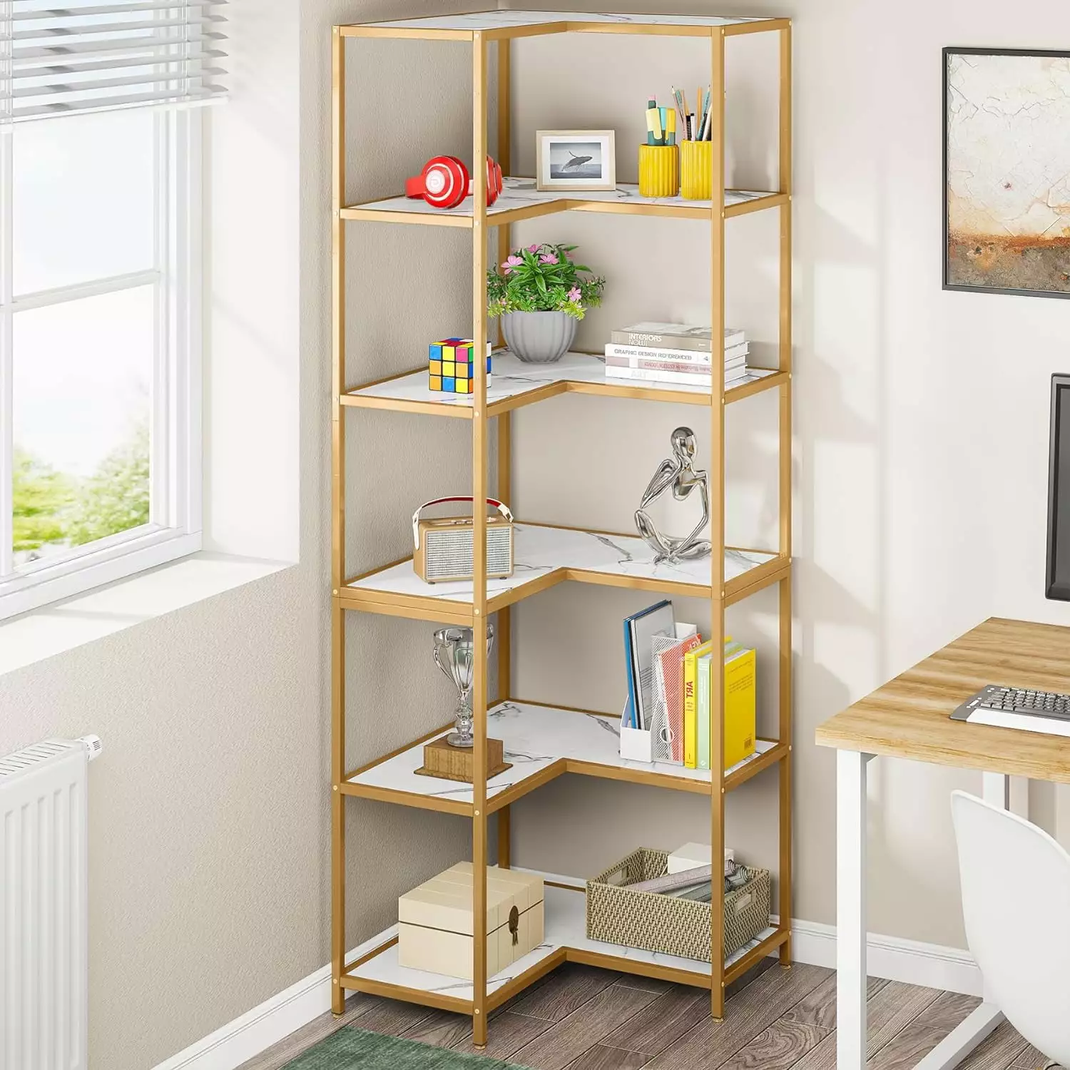 Tribesigns 70.9 Tall Modern L-Shaped Bookcase 6-Tier Corner Bookshelf Gold Frame