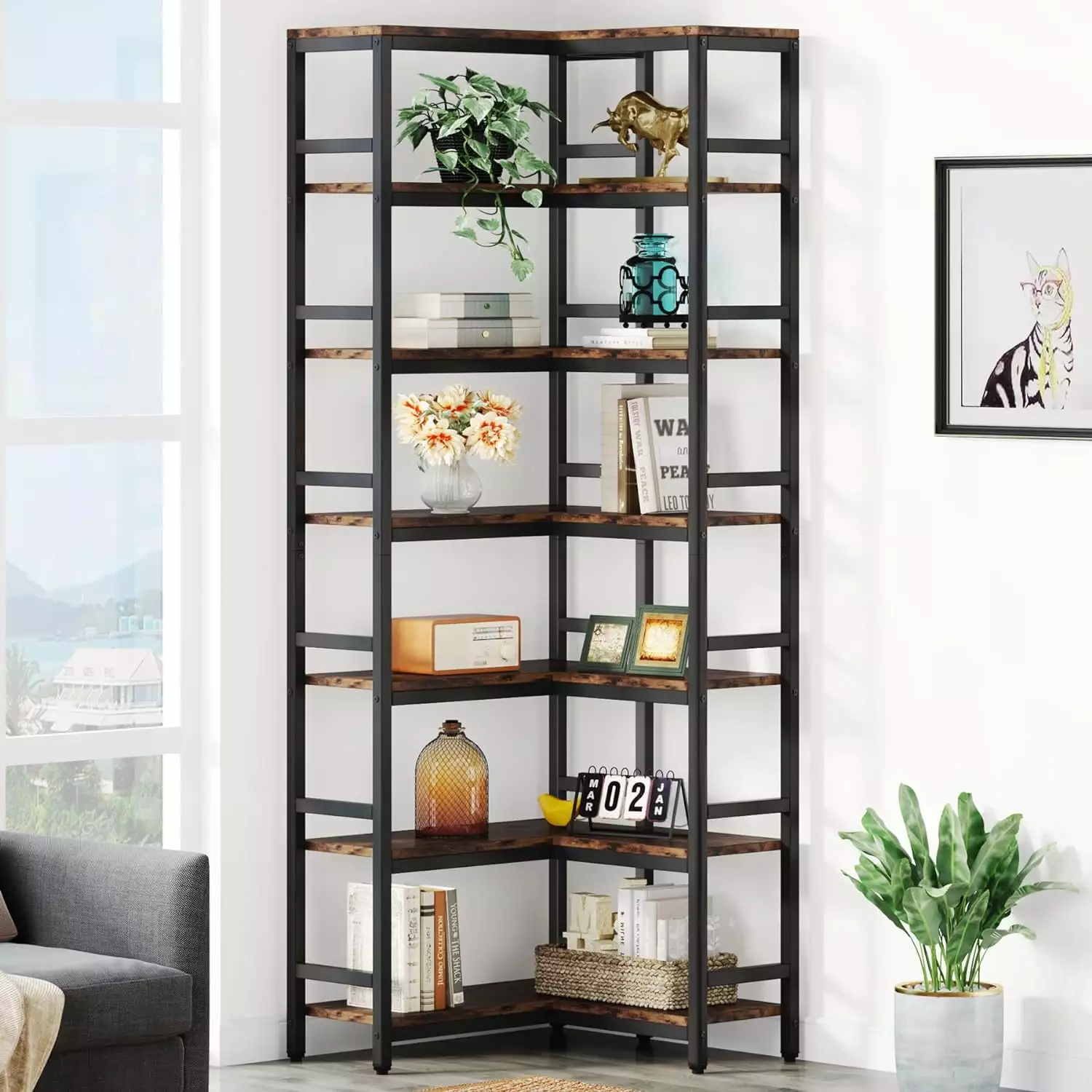 Tribesigns 78.74 Tall Corner Bookshelf 7 Tier Industrial Corner Etagere Bookcase 7-Shelf Corner Display Unit Shelves Livin...