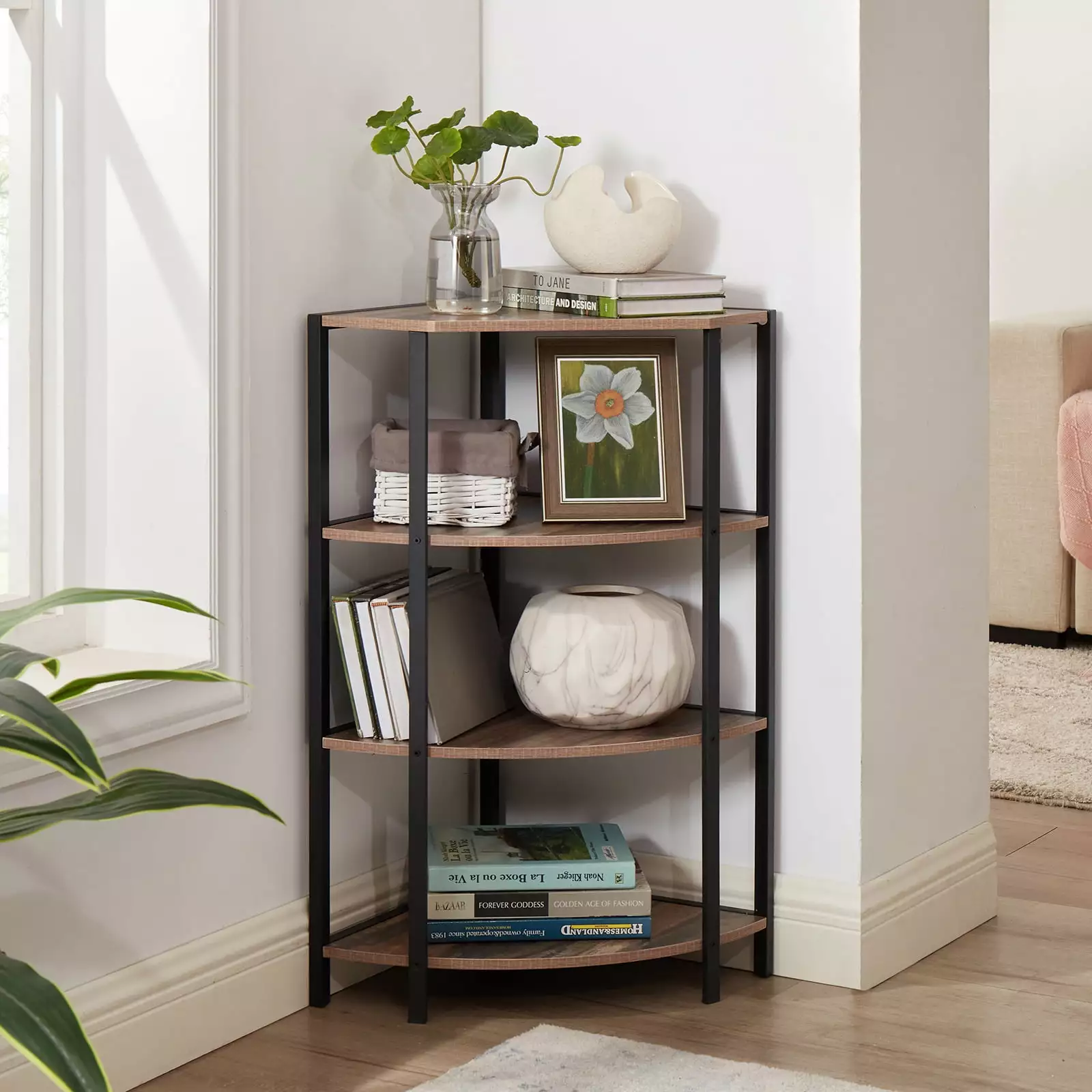 4-Tier Corner Open Shelf Bookcase Freestanding Shelving Unit Plant Stand Small Bookshelf Living Room Home Office Kitchen V...