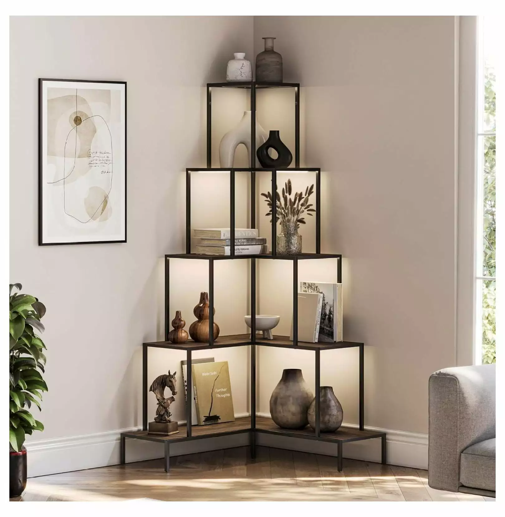5-Tier Corner Bookshelf RGB Light 66 Tall L-Shaped Bookcase Storage Display Rack Living Room Home Office Gray Wang Lin Jun