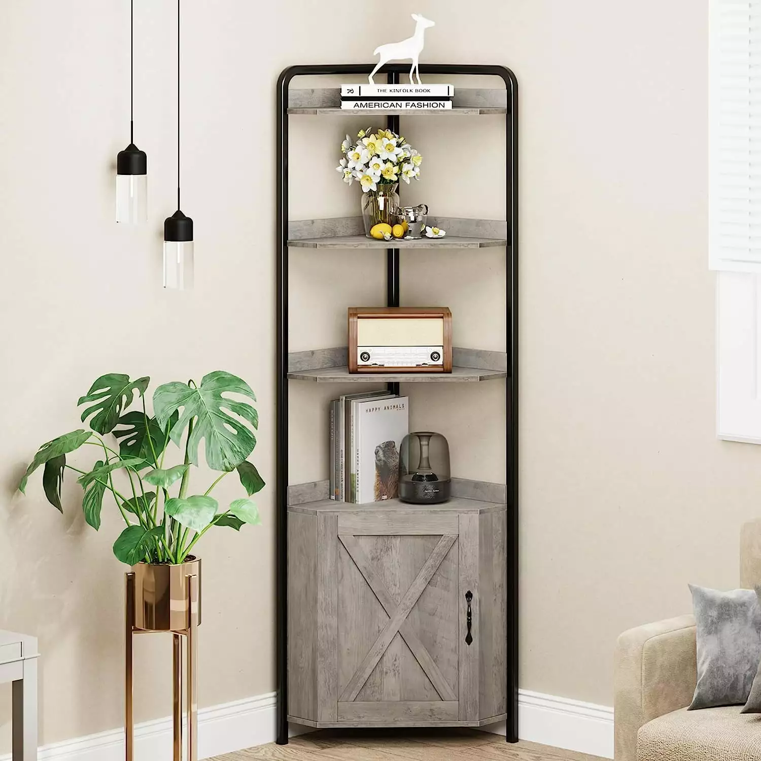 Corner Shelf Cabinet 70.9 Inch Tall Industrial Rustic Storage Rack Bookcase Grey Wpond