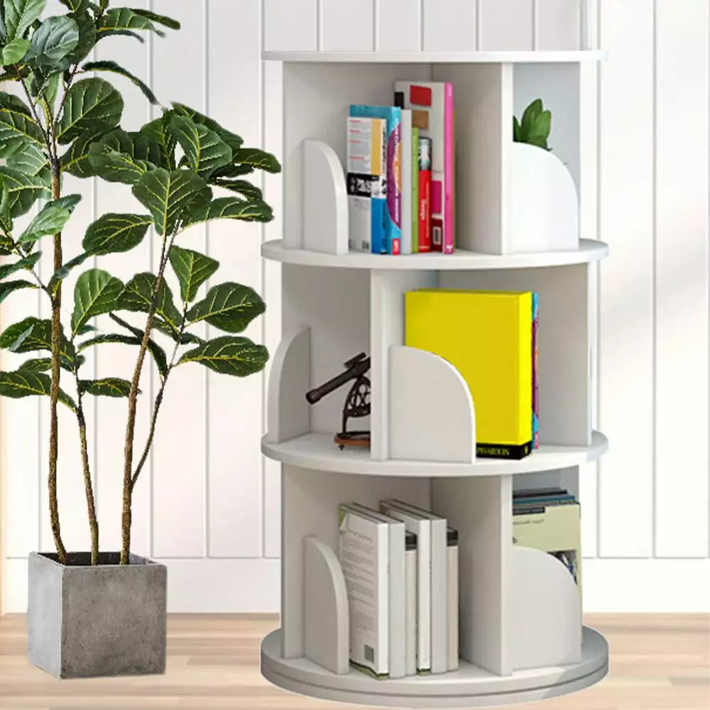 Xianers Rotating Bookshelf 3 Tier Revolving Bookcase 360 Display Round Narrow Swivel Corner Shelf Adult Bedroom Living Room