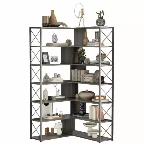 YAFENG Corner Bookcase 7-Tier L-Shaped Bookcase Metal Frame Home Office
