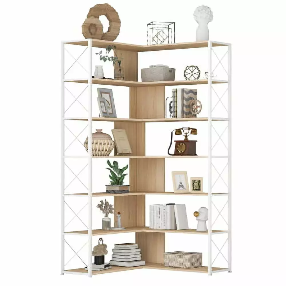 YAFENG Corner Bookcase 7-Tier L-Shaped Bookcase Metal Frame Home Office