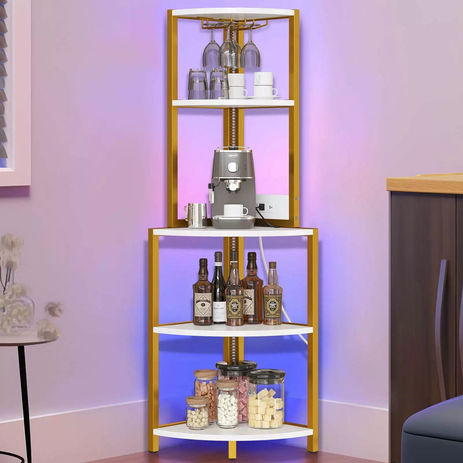 ZGBY Led Corner Shelf Power Outlets & Wine Rack Corner Bookshelf Display Shelves ZGBY Home Products