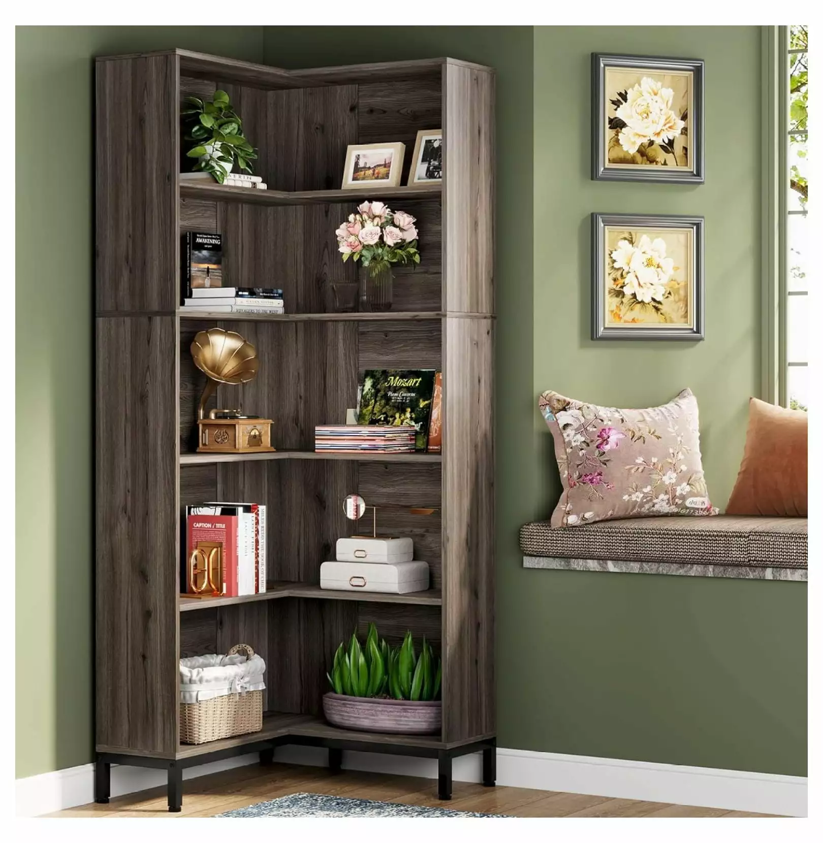 ZHOUJIA 71 Inches Corner Bookcase 6-Tiers L-Shaped Bookshelf Industrial Etagere Tall Storage Grey