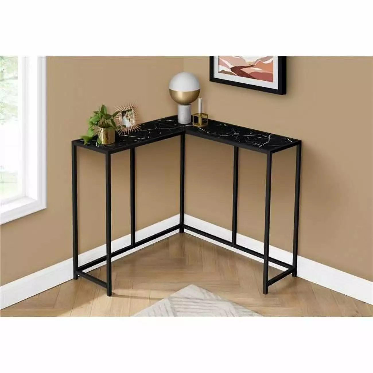 36 Inch L-Shaped Corner Metal Frame Console Table Black Marble-Look Black Console Clean Choice