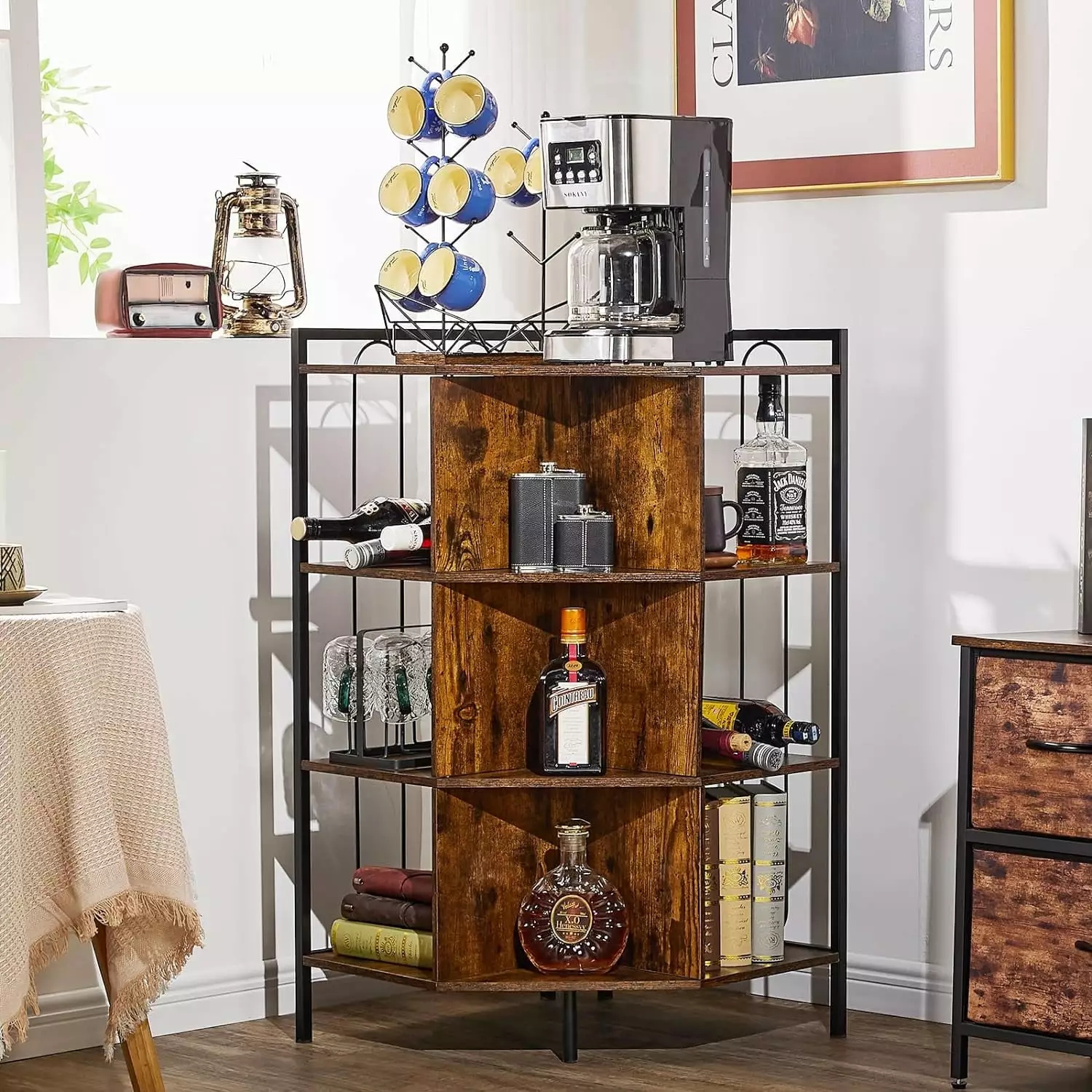 3-Tier Corner Bookcase Iron and Wood Combination Storage Cabinet Game Room Living Room