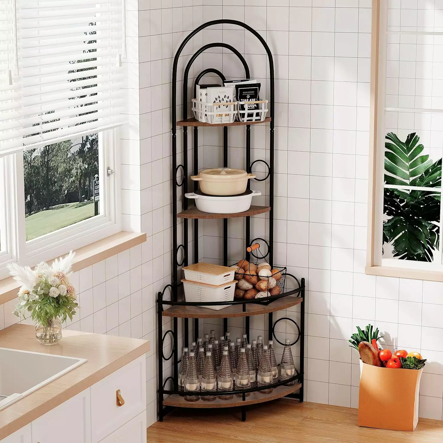 4-Tier Corner Bookshelf Metal Frame, Modern Style Display Shelf Plants Books, Storage Shelves Living Room Bedroom