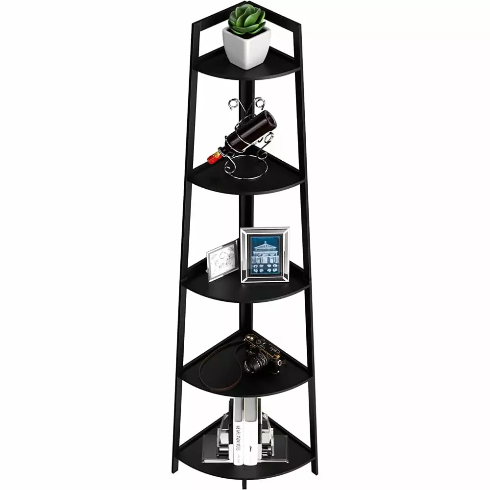 70 Inch Black Bamboo Frame 5-Tier Industrial Corner Bookcase ARCTICSCORPION