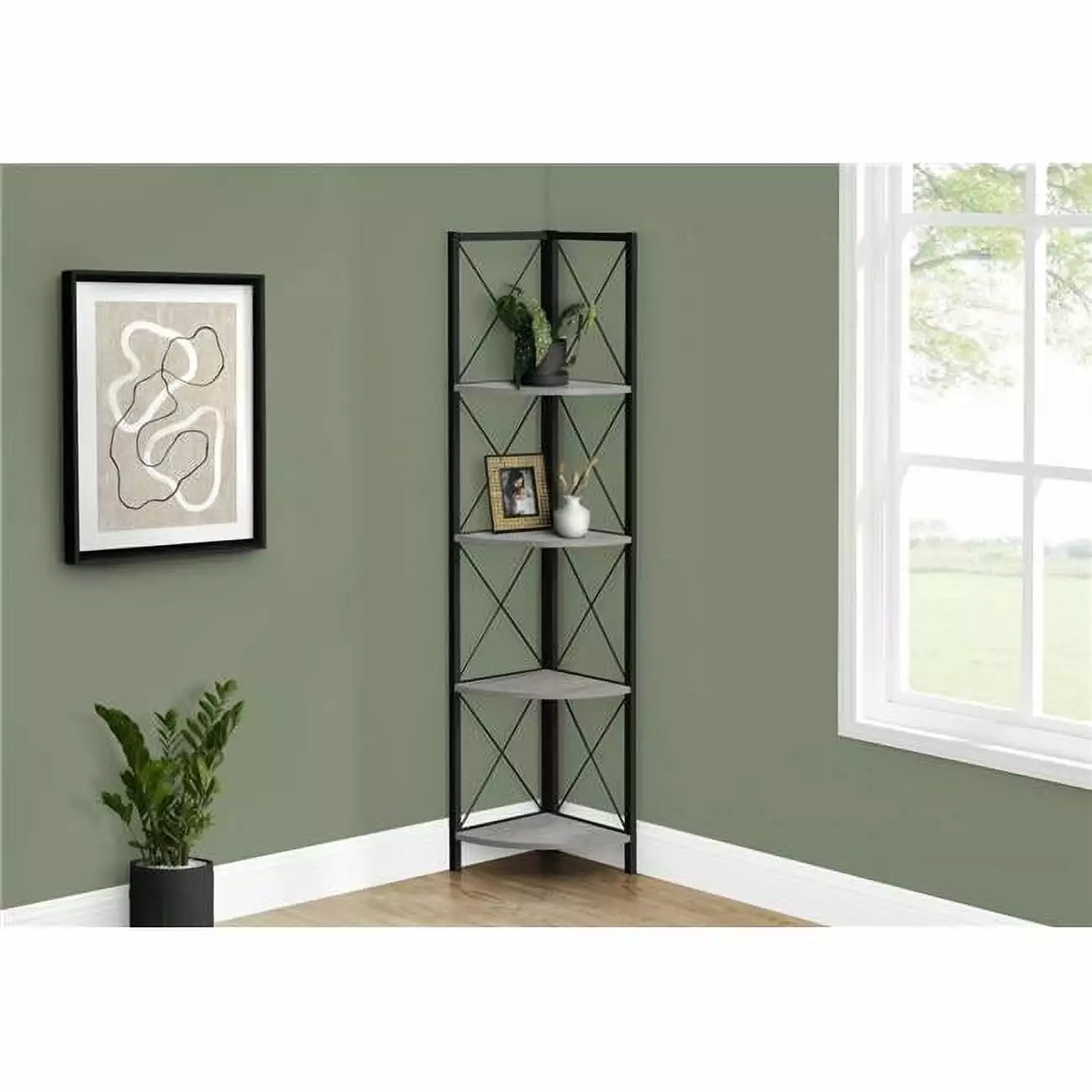 60 Inch Grey Metal Corner Bookcase Etagere Shelf Home Decor Daphne's Dinnette