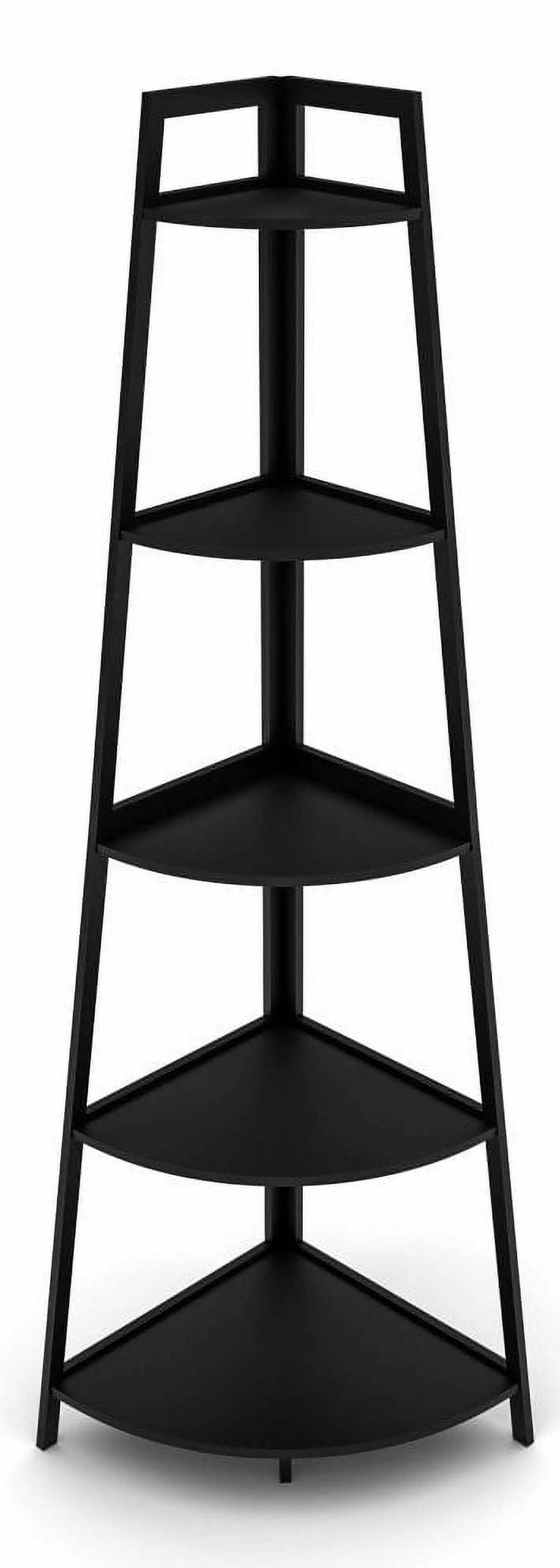 Black Bamboo Corner Shelf 70 Inch Tall 5 Tier Ladder Shelf Bookcase Living Room Home Office FENG20