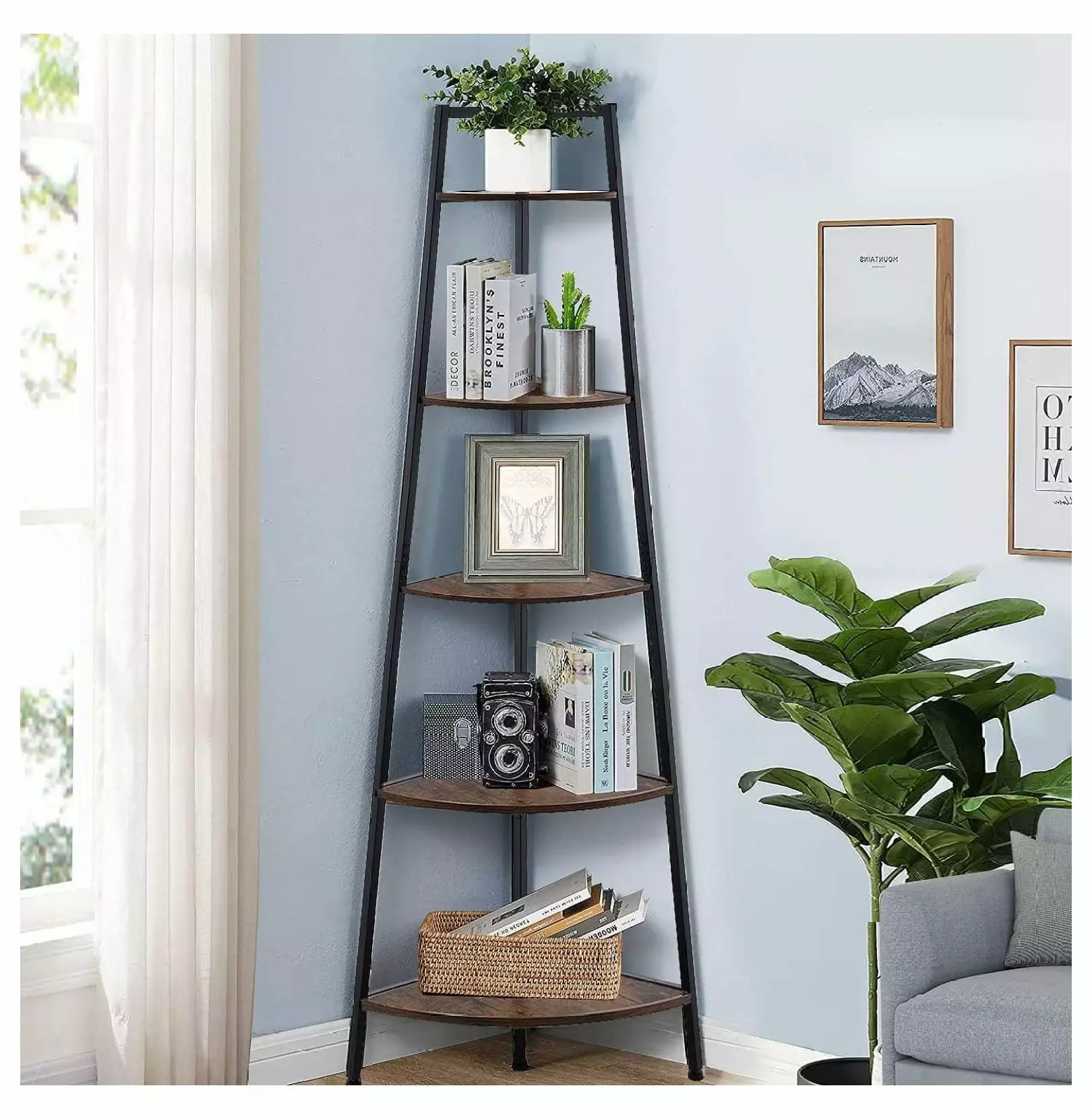 5 Tier Industrial Corner Shelf Stand Modern Rustic Bookshelf Living Room Kitchen Home Office Gexandy