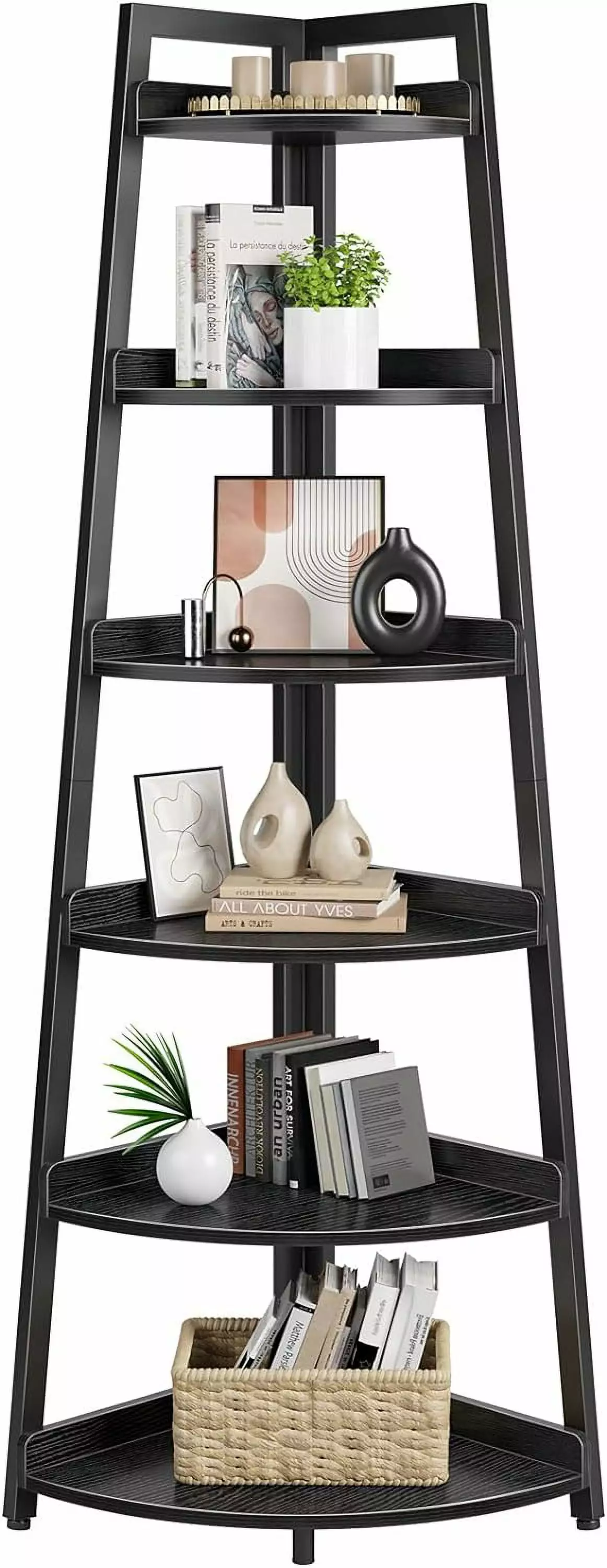 HENGXIN 6 Tier Corner Bookshelf 70.9 Tall Black Multipurpose Ladder Shelf Living Room Home Office