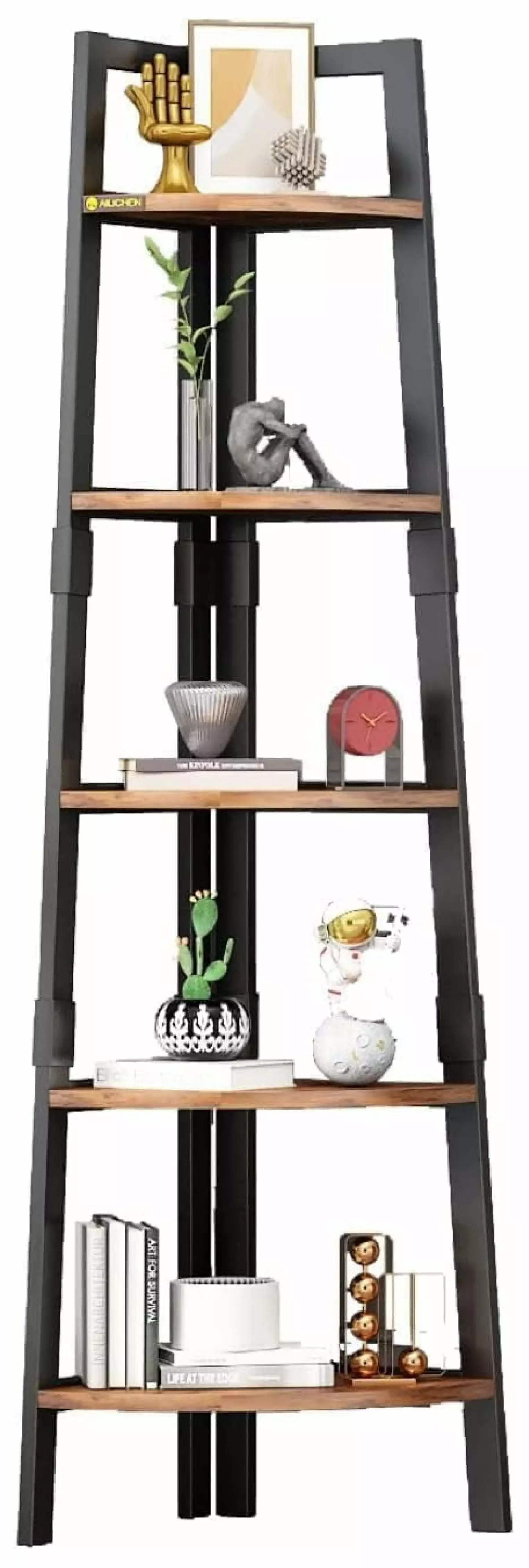 5 Tier Corner Shelf Wood Tall Ladder Bookshelf Industrial Plant Stand Storage Shelving Rustic Brown HeSLehs