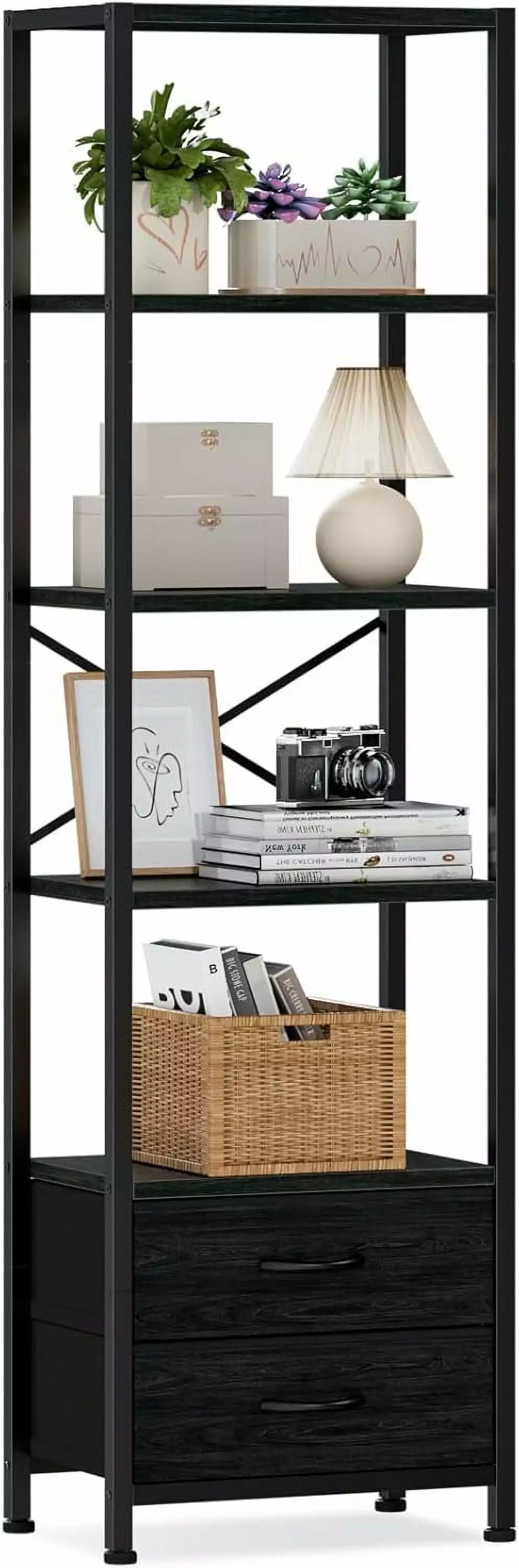 5-Tier Corner Shelf 2 Drawers, 65.16 Tall Narrow Bookshelf Living Room Bedroom, Black Oak Metal Frame Wood Display Shelf kk