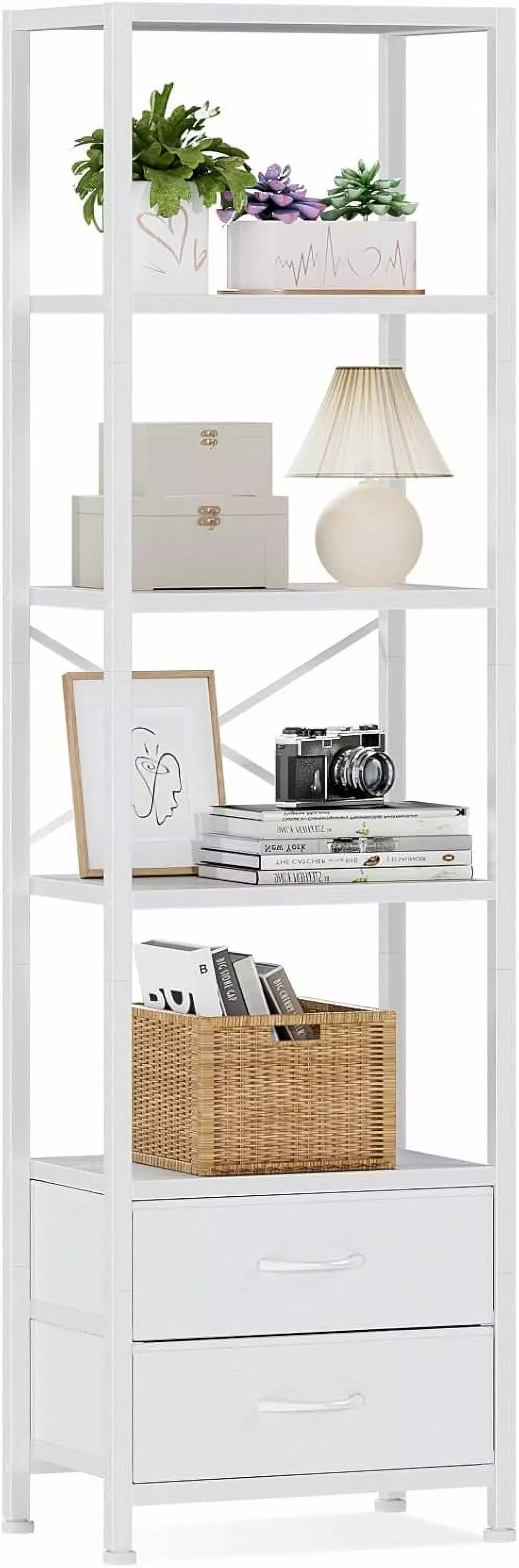 White 5-Tier Corner Shelf 2 Drawers, Tall Narrow Bookshelf Living Room Bedroom, Metal Frame Wood Display Shelf Organizer kk