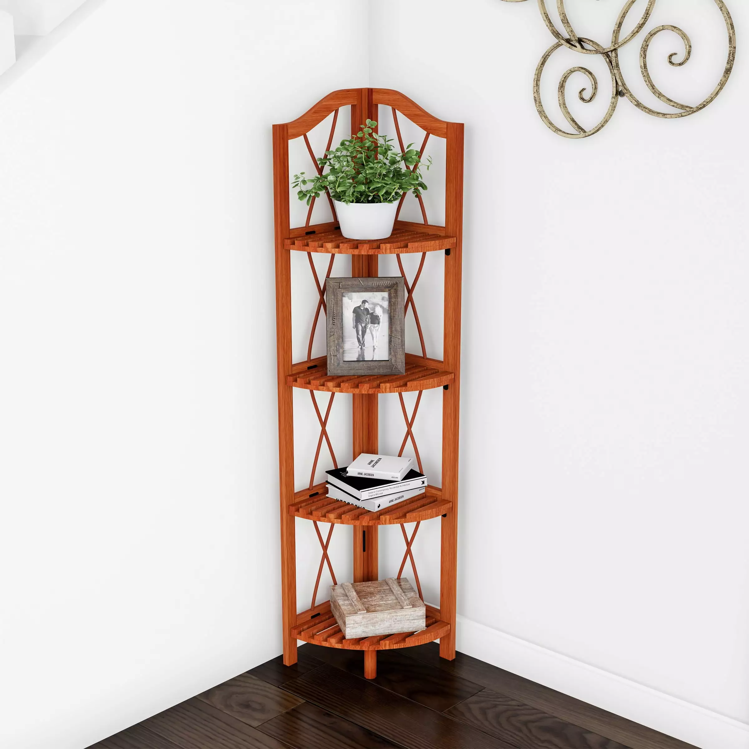 Folding Corner Shelf 4 Tier Wooden Bookcase Display Shelving Living Room Bathroom Kitchen or Office Freestanding Organizer...