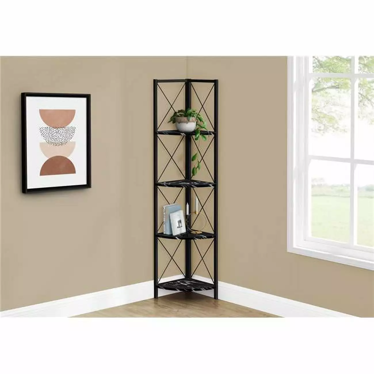 60 Inch Black Marble Metal Corner Bookcase Modern Home Decor Monarch Specialties