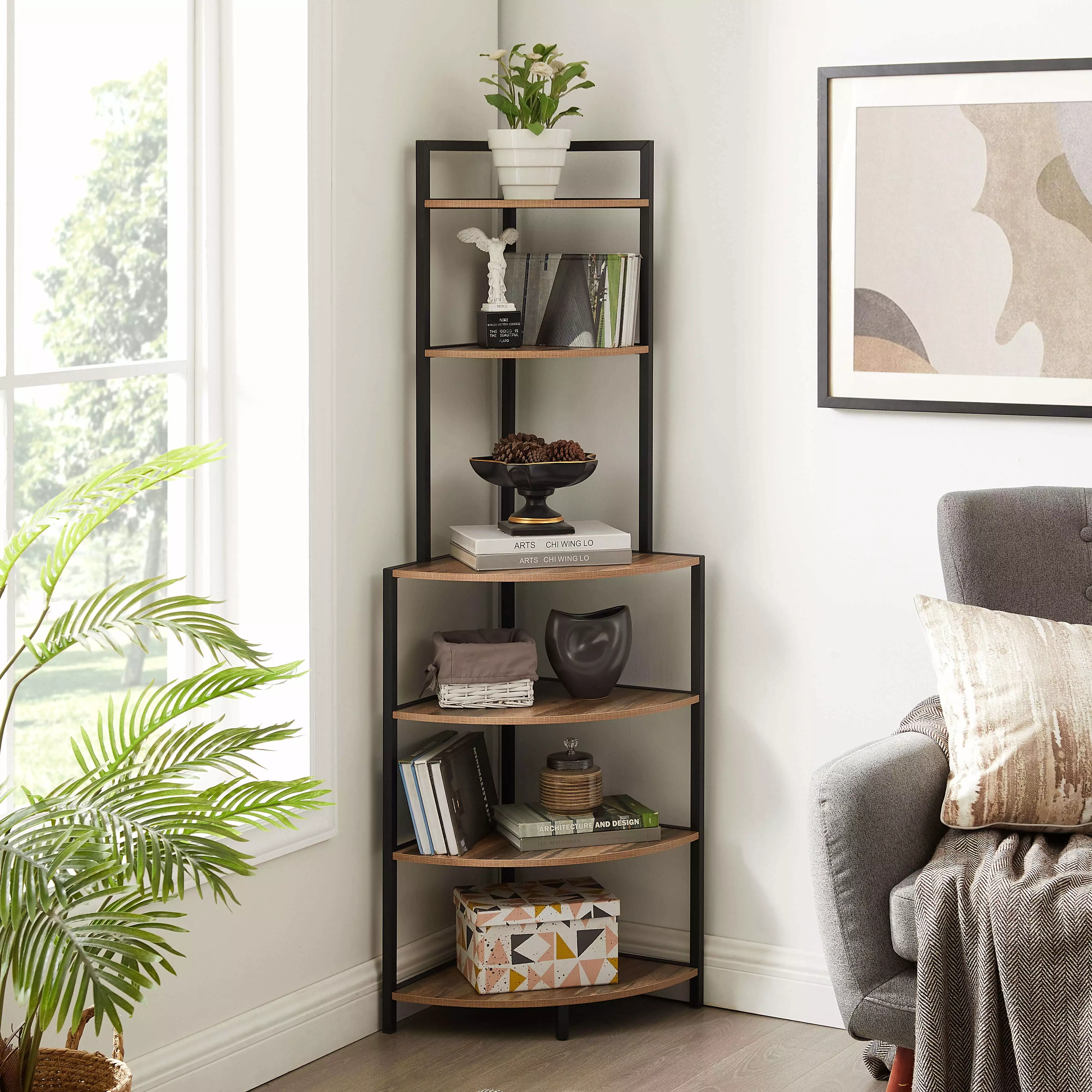 Corner Open Shelf 6-Tier Bookcase Wood Rack Bookshelf Living Room Home Office Kitchen Brown Rustic OECSO