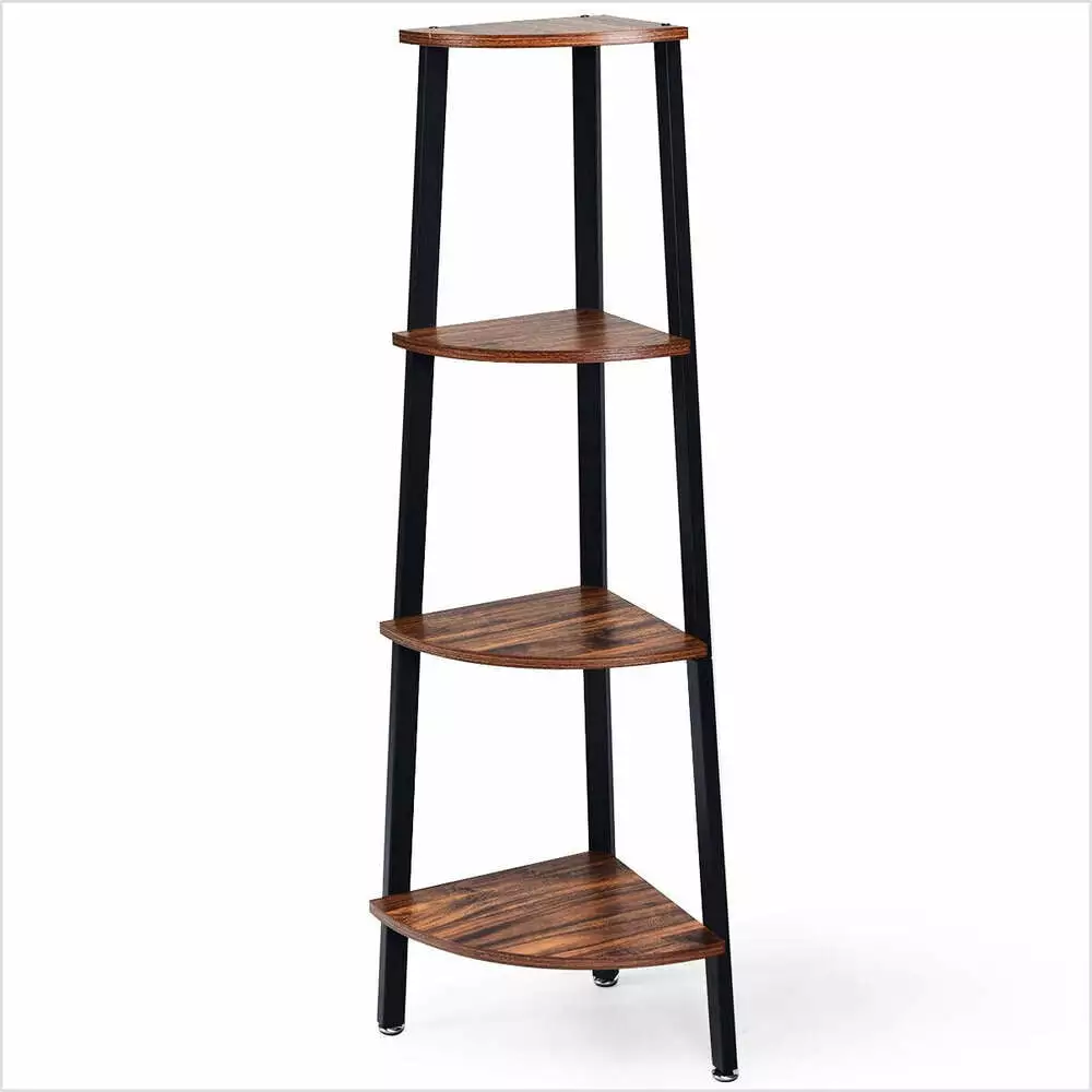 4-Tier WoodBlack Corner Shelf Metal Storage Rack Domestic Bookcase Display Stand phospheye