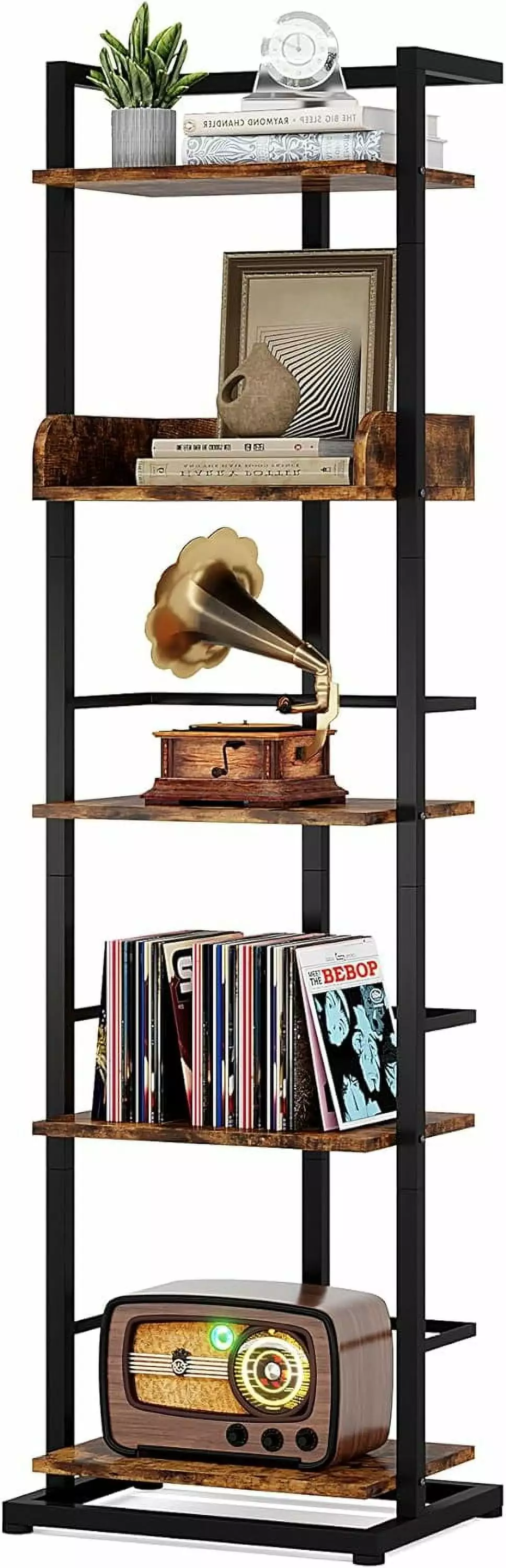 5 Tier Narrow Wood Bookcase Tall Corner Bookshelves Storage Organizer Display Rack Living Room Bedroom Office Home Rustic ...