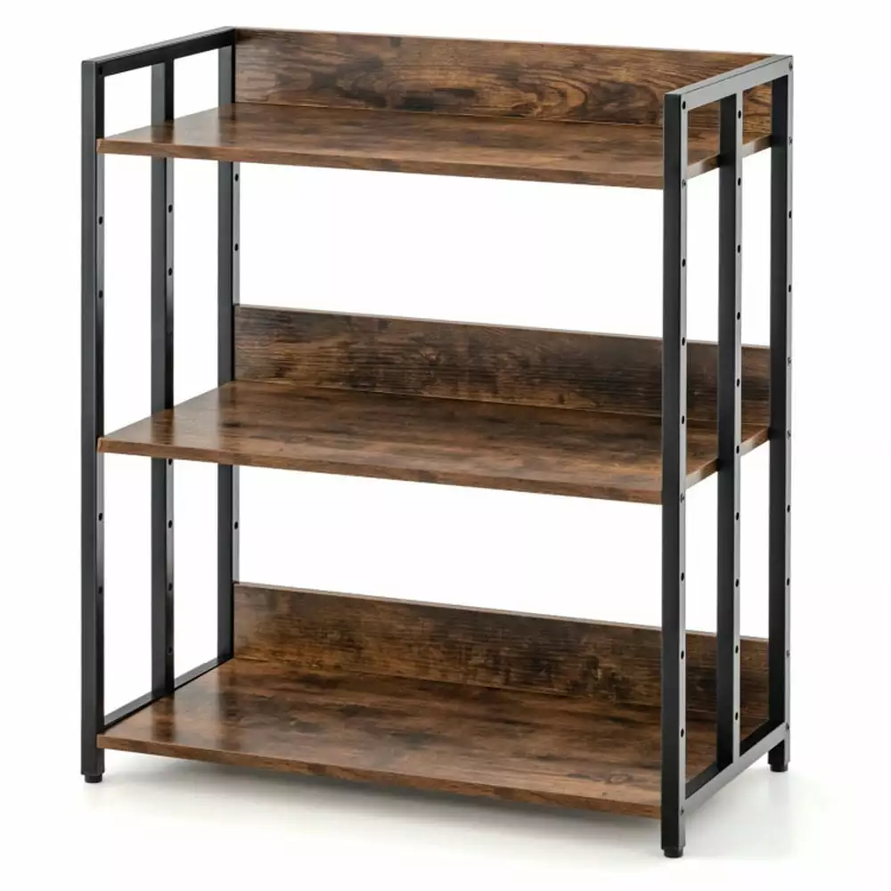 Resenkos 3-Tier Corner Bookcase Adjustable Shelves and Metal Frame Rustic Brown