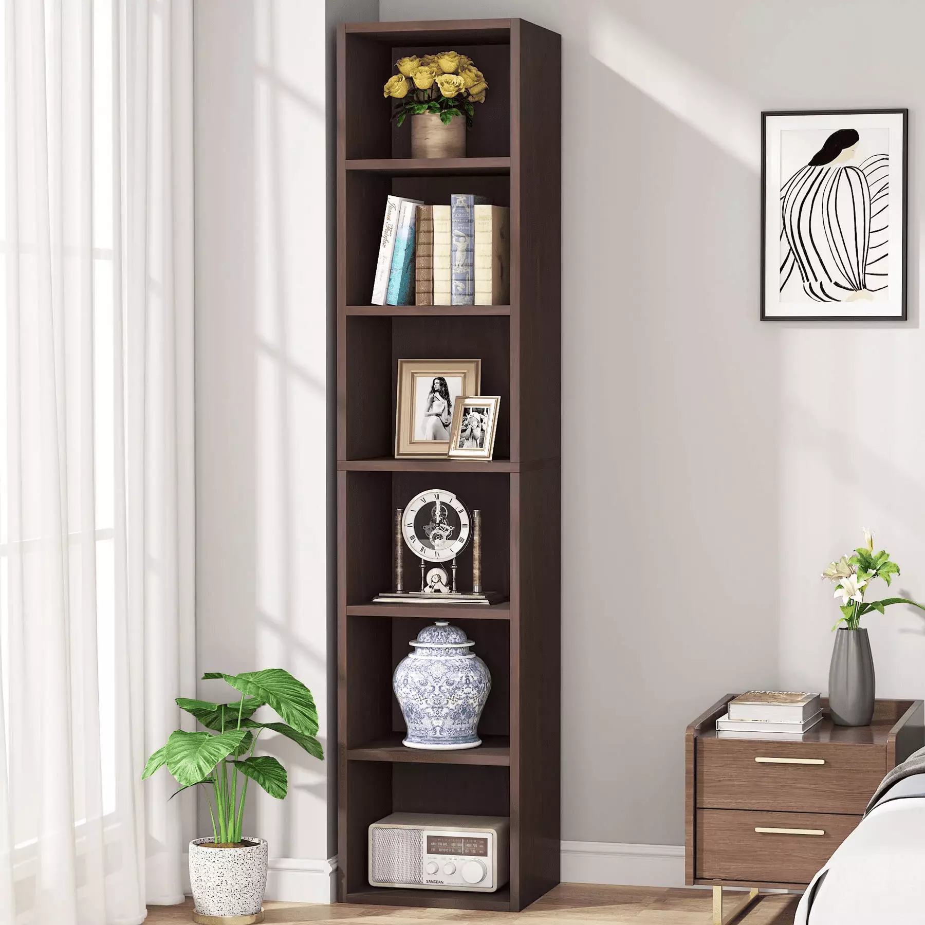 70.9 Corner Bookcase Modern 6-Tier Narrow Cube Display Shelves Walnut SANSWOOD