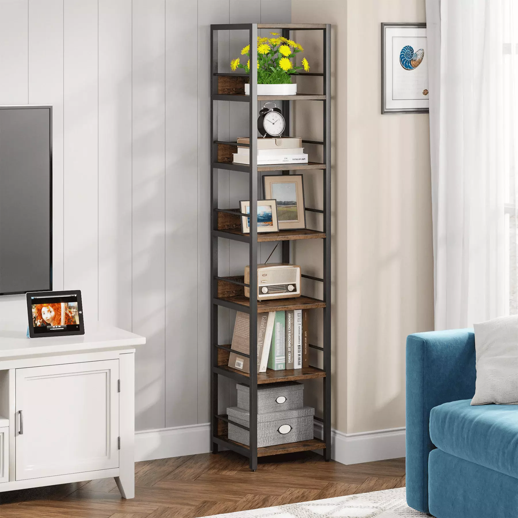6-Tier Corner Shelf Narrow Etagere Bookshelf Storage Rack Small Spaces sanswoodshop