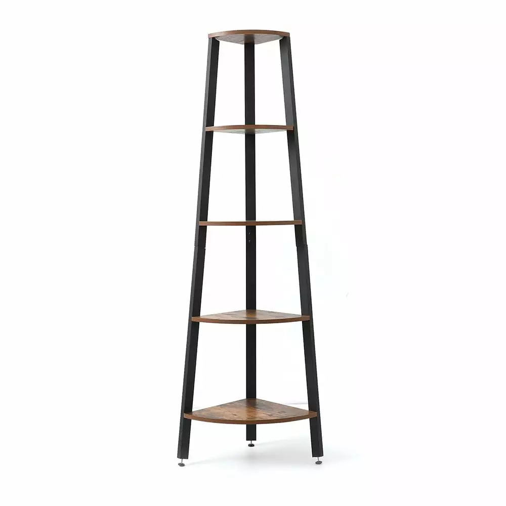 5-Tier Corner Shelf Rustic Brown Wood Look Bookshelf Metal Frame Home Office TEMI