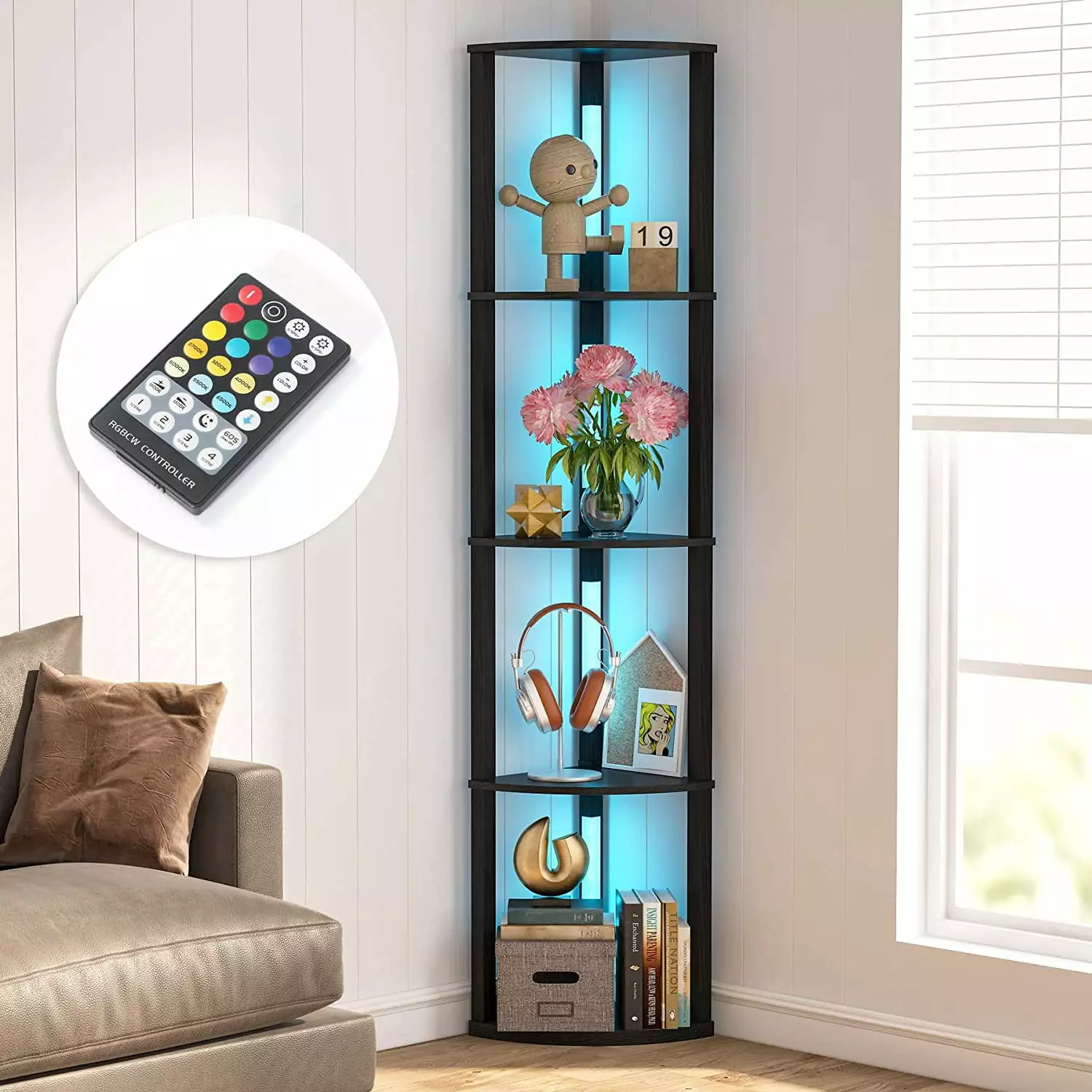 Tribesigns Corner Display Shelf Lights - Bookshelf LED Lighting Living Room, Bedroom Decor - Black