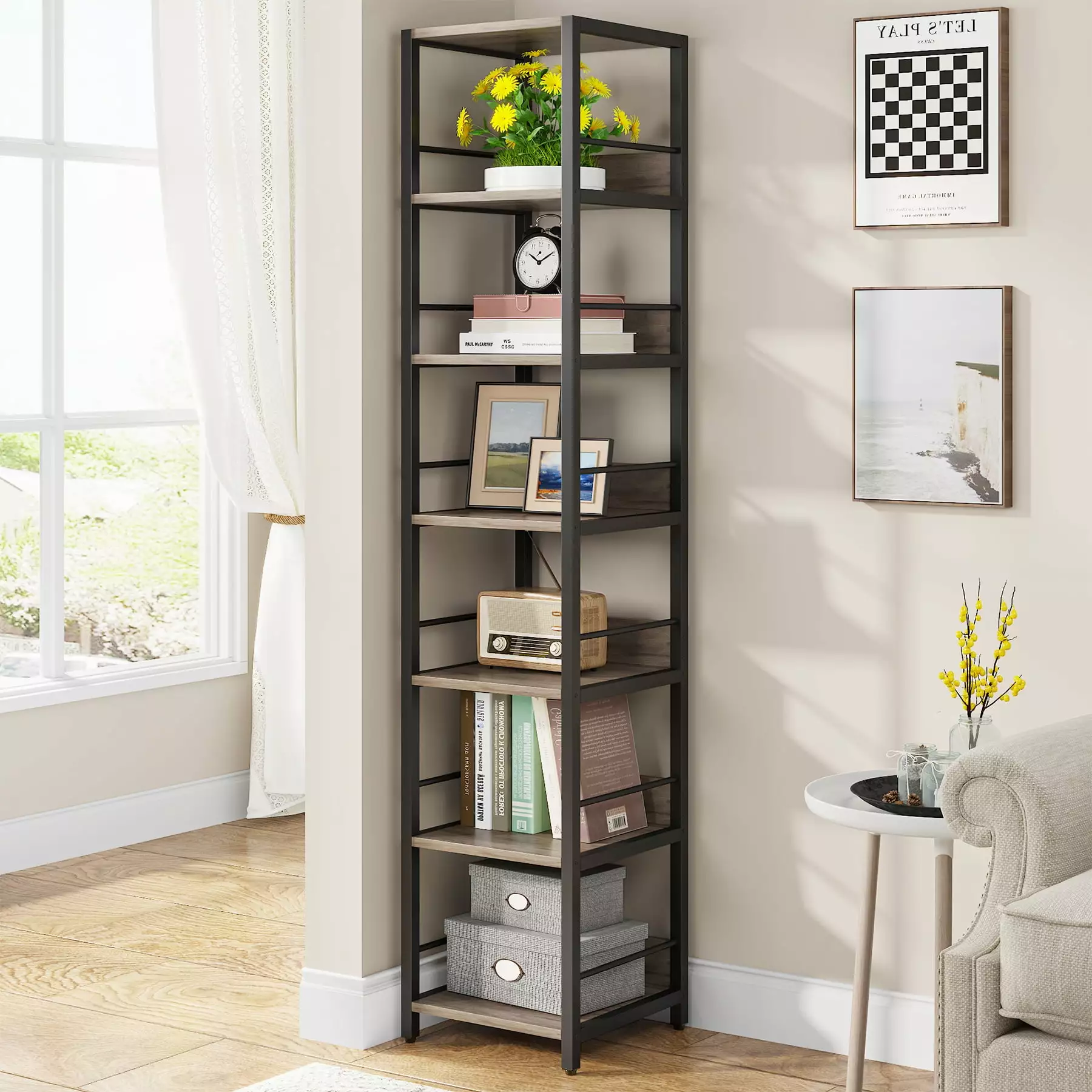Tribesigns 75 Inch Tall Narrow Bookshelf Small Spaces 6-Tier Multipurpose Storage Rack Rustic Corner Square Shelf Tower