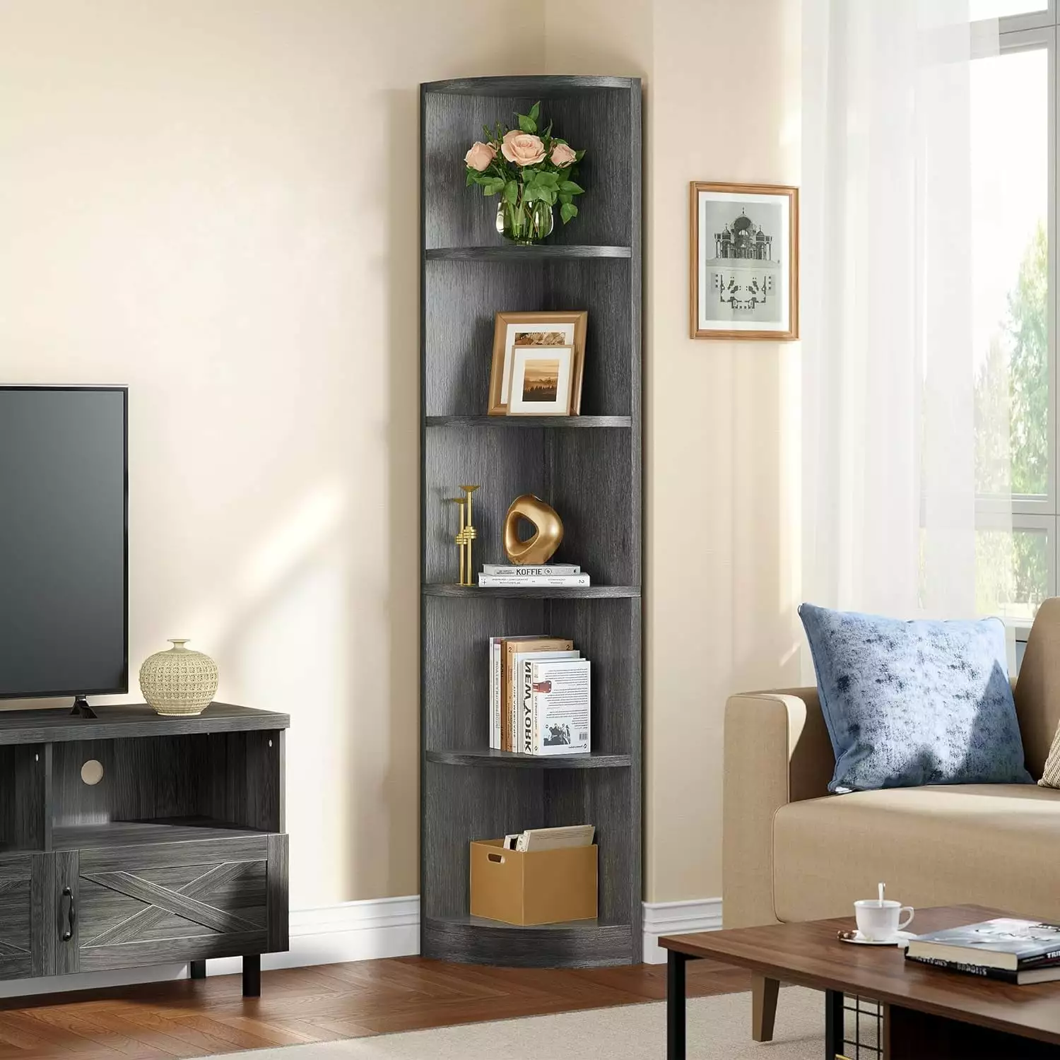 70.8 Inch 5 Tier Corner Bookshelf Modern Open Free Standing Shelving Unit Charcoal Gray WRP