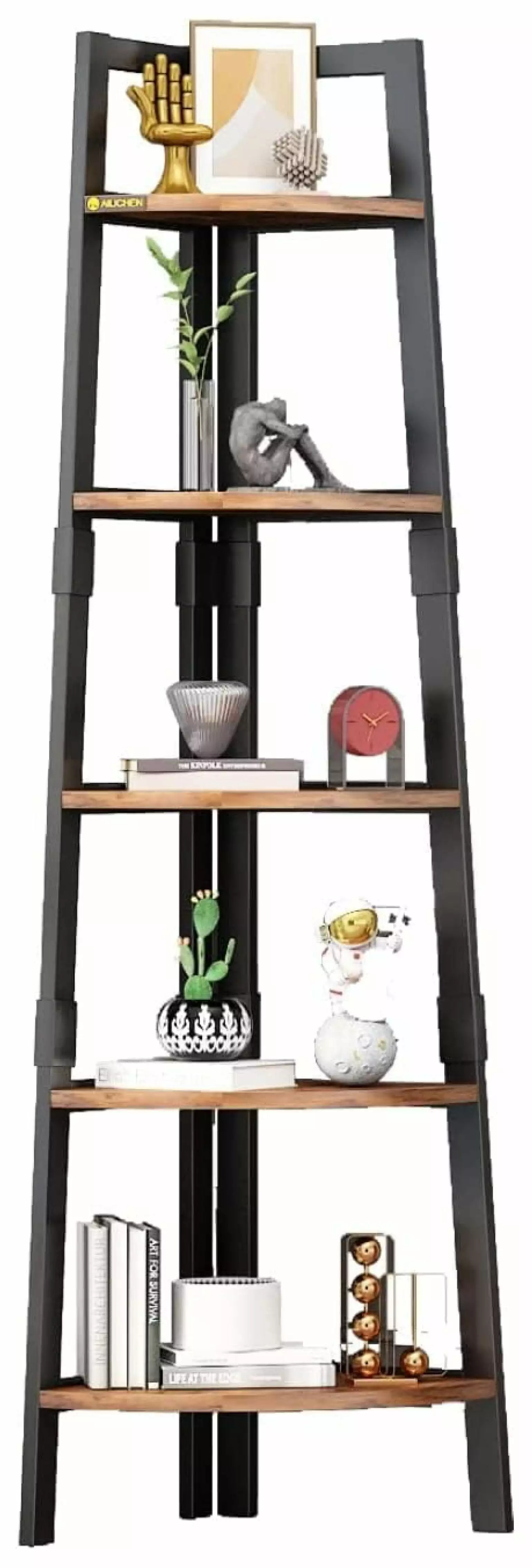 5 Tier Corner Shelf 68.9 Wood Tall Ladder Bookshelf Industrial Plant Stand Storage Shelving Rustic Brown xu wei