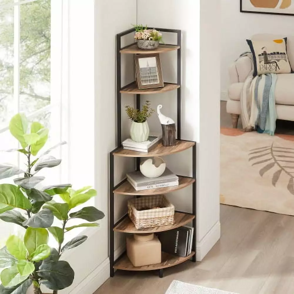 6-Tier Corner Shelf Modern Bookcase Wood Rack Freestanding Shelving Unit Living Room Home Office Rustic Brown YASI