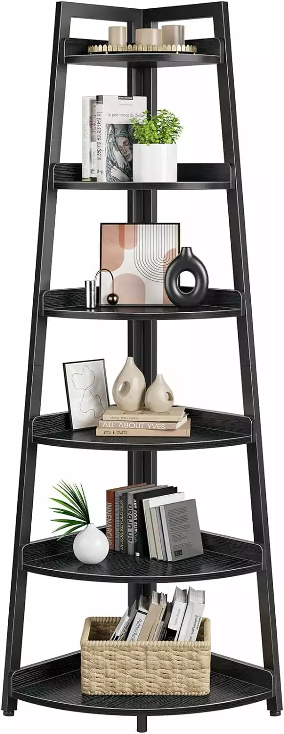YIYANG 6 Tier Corner Bookshelf 70.9 Tall Black Multipurpose Ladder Shelf Living Room Home Office