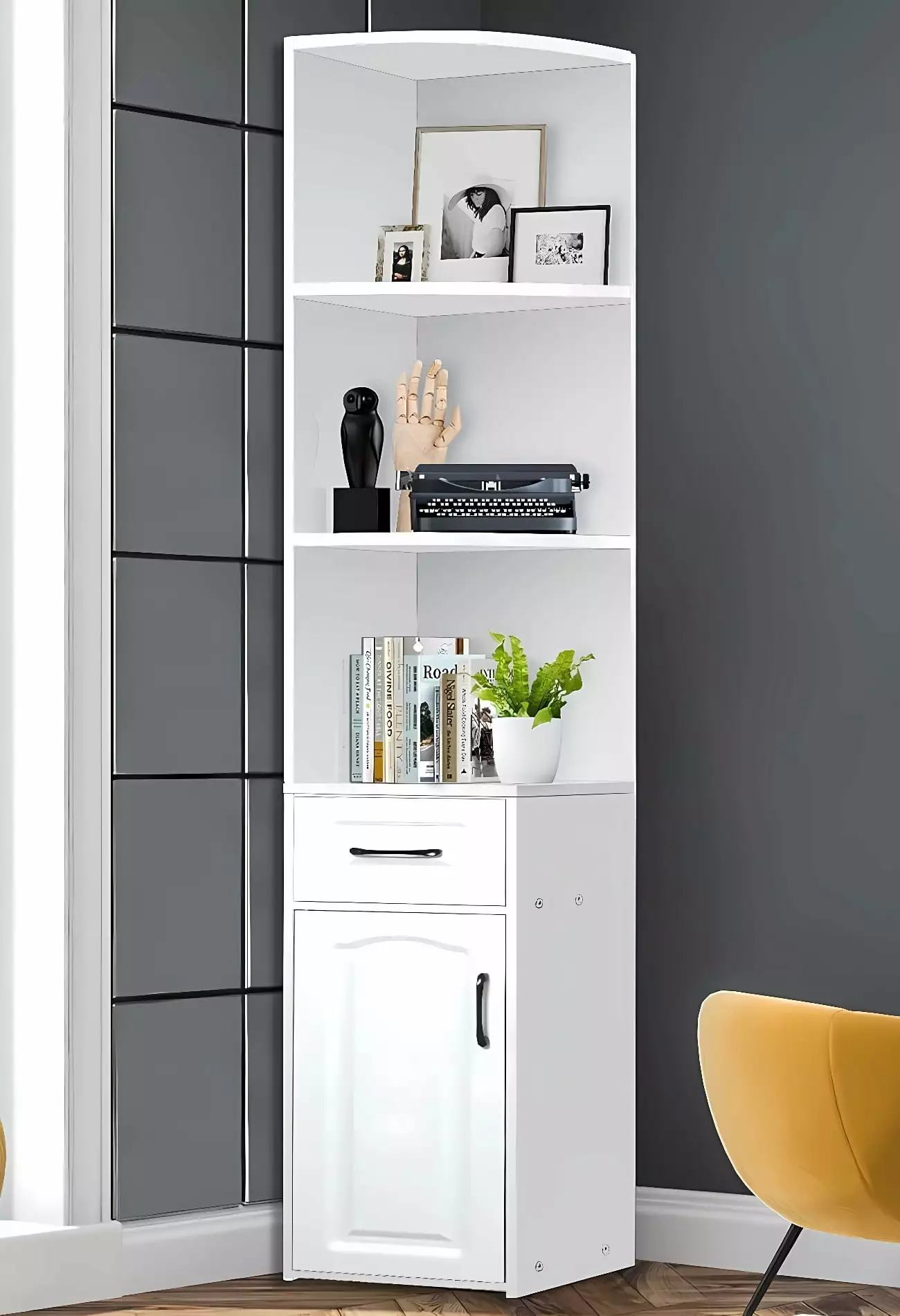 Ymokee 70.8 Tall Corner Shelf - 5 Tier Wooden Bookcase Storage Cabinet Drawer & Cupboard - Warm White