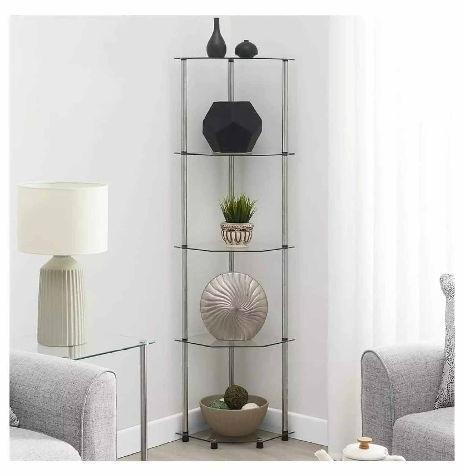 Yunhouse Designs2Go Clear Glass 5-Tier Corner Tower Stainless Steel Legs