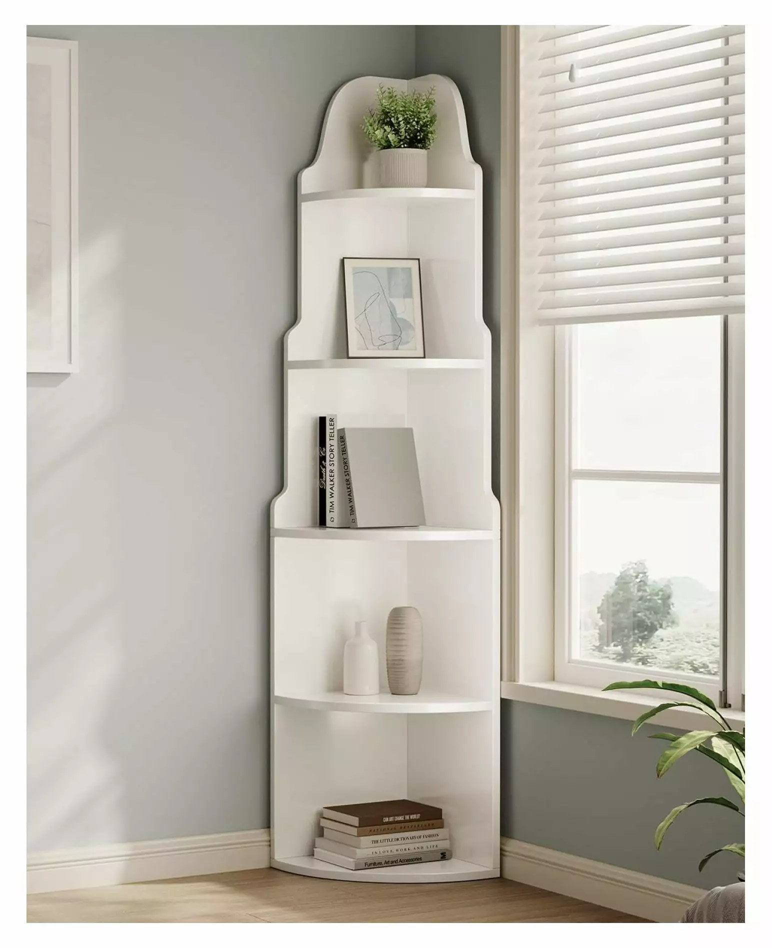 Zengpin Modern White 5-Tier Corner Bookshelf 68.9 Tall Wooden Display Shelf Living Room Bedroom